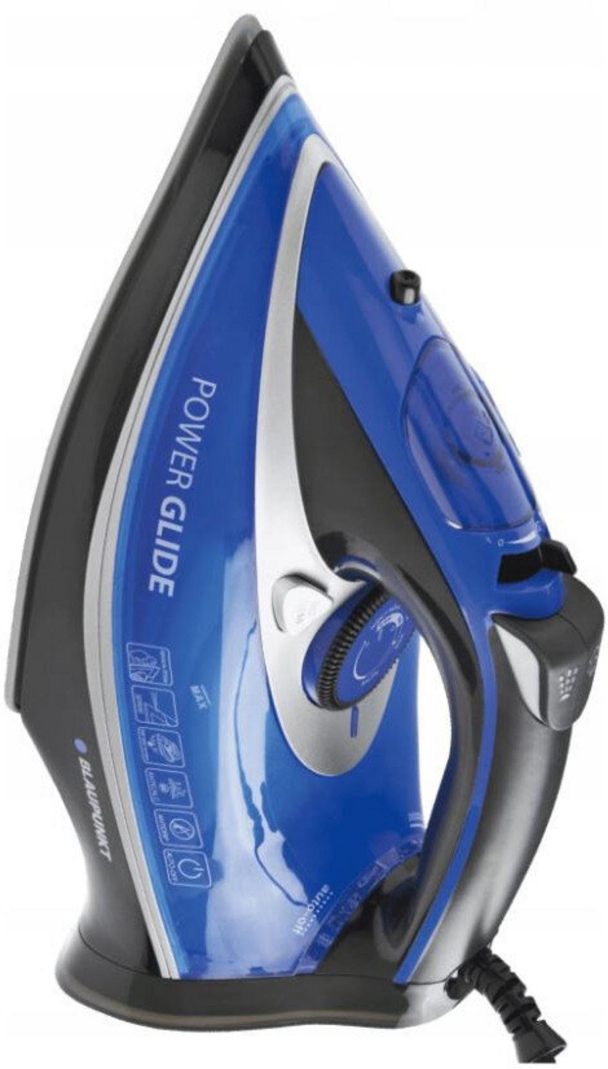 Niebiesko-czarne żelazko z napisem 'Power Glide'. Ma pokrętło i przyciski na górze.