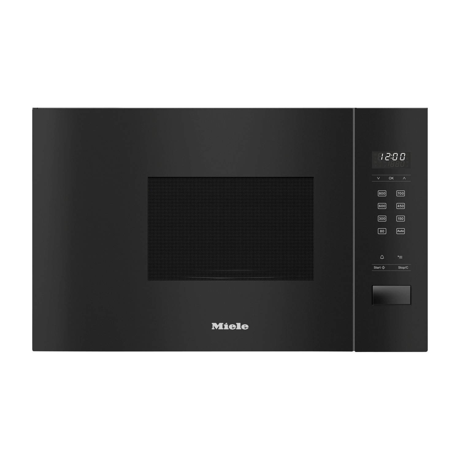 Een zwarte Miele magnetron. Hij heeft een digitale klok, een bedieningspaneel rechts en het Miele-logo onderaan.