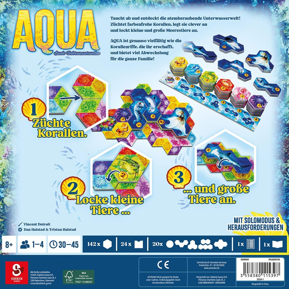 Schachtelkunst für das Aqua-Spiel. Zeigt farbenfrohe Korallen, Meerestiere und Spielelemente. Text auf Deutsch.