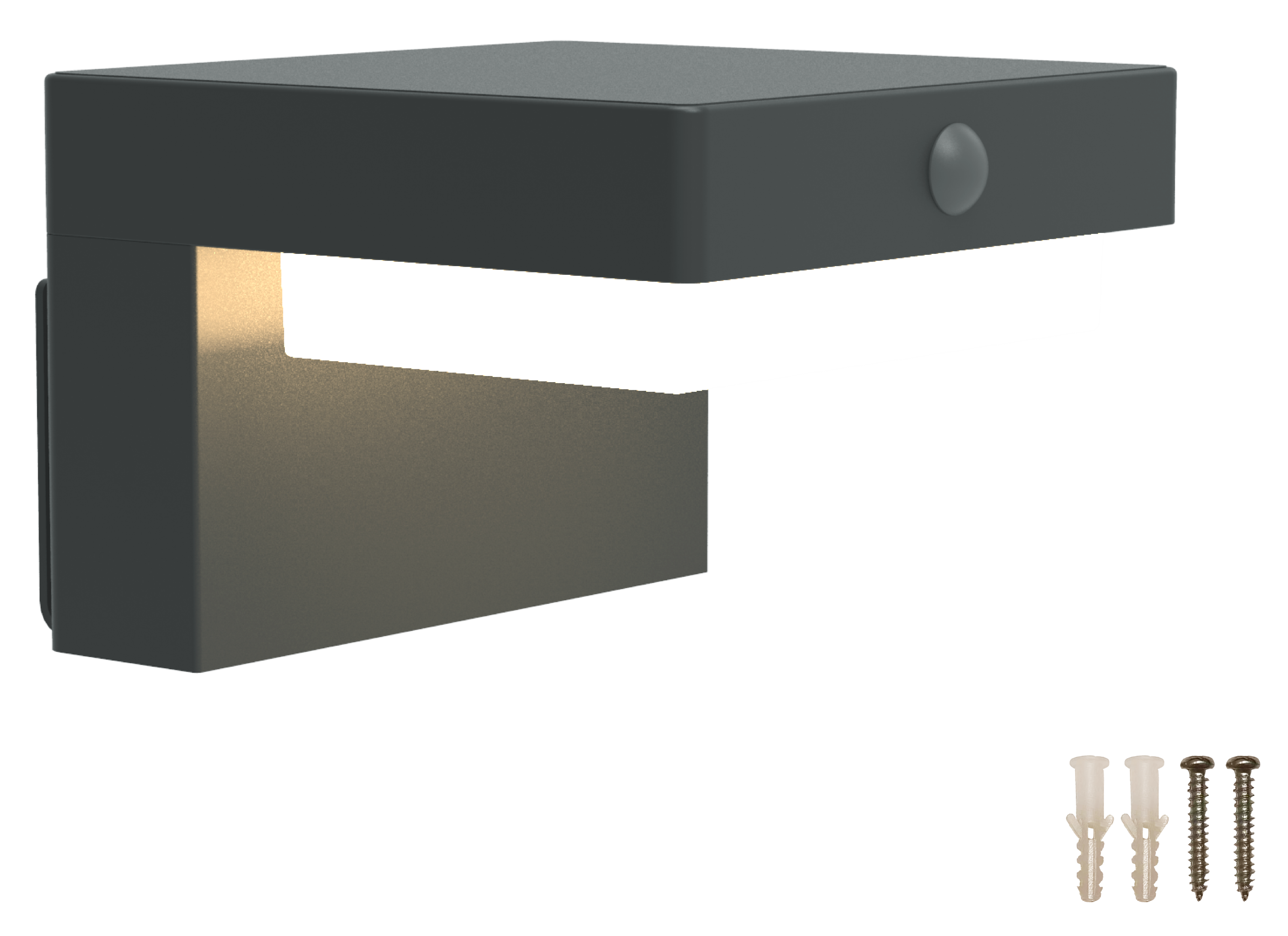 Eine dunkelgraue Außenwandleuchte mit weißem Lichtpanel und Bewegungssensor. Inklusive Schrauben und Wanddübel.