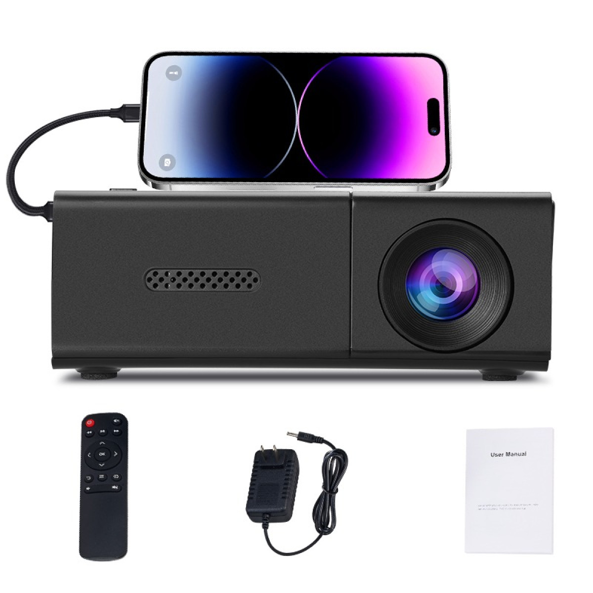 Czarny projektor z telefonem na górze. Zawiera pilota, zasilacz i instrukcję obsługi.