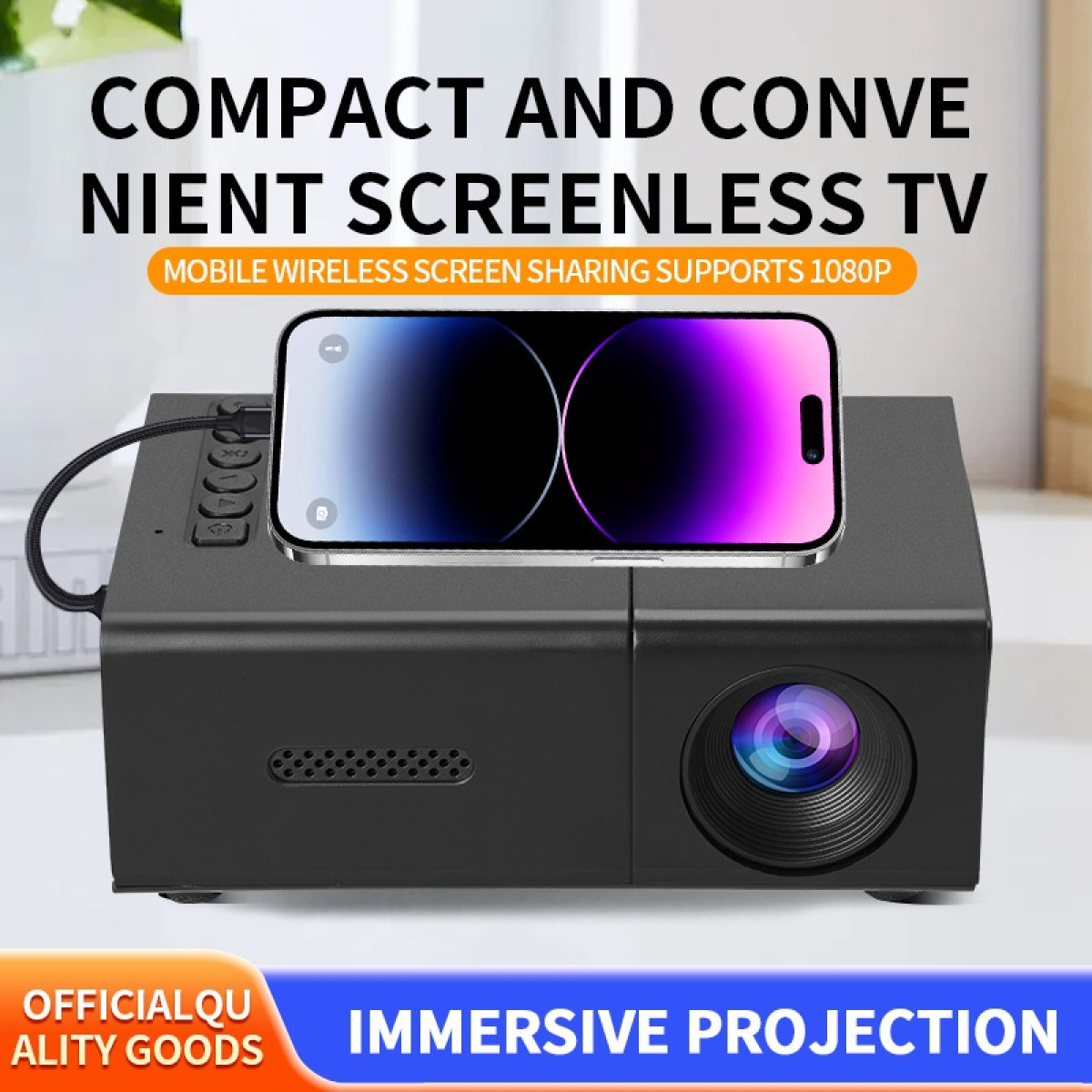Czarny projektor z telefonem na górze. Tekst brzmi 'Kompaktowy i wygodny telewizor bez ekranu' oraz 'Immersyjna projekcja'.