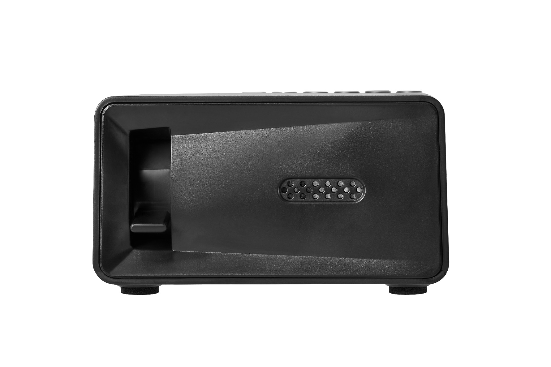 Czarne urządzenie o prostokątnym kształcie. Ma kratkę głośnika i szczelinę po lewej stronie, na białym tle.