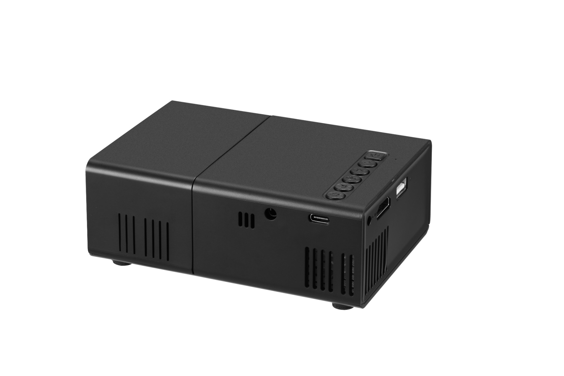 Czarny, prostokątny projektor z przyciskami na górze i otworami wentylacyjnymi po bokach.