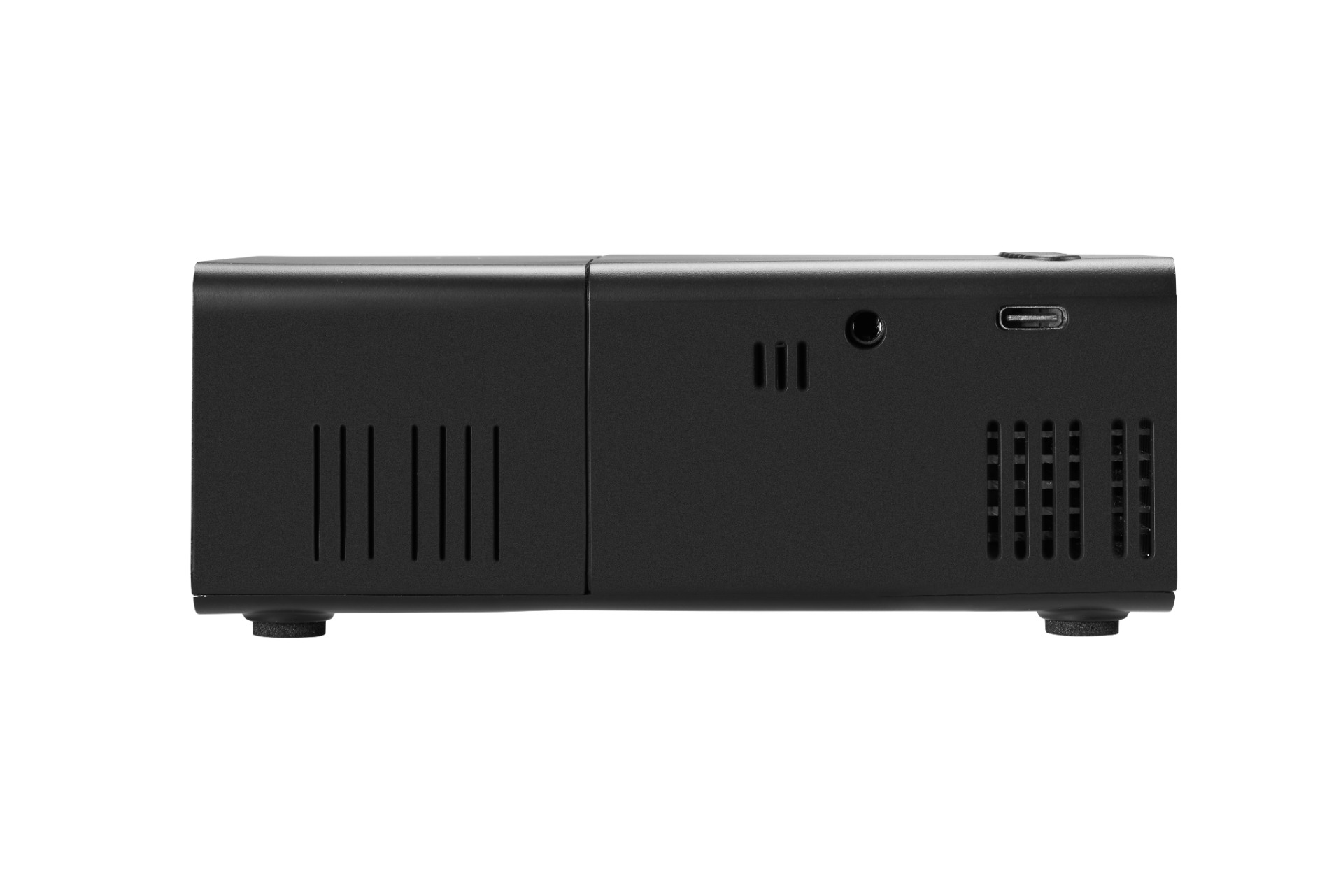 Czarny prostokątny sprzęt, prawdopodobnie elektroniczny, z otworami wentylacyjnymi, portami i przyciskami. Znajduje się na białym tle.