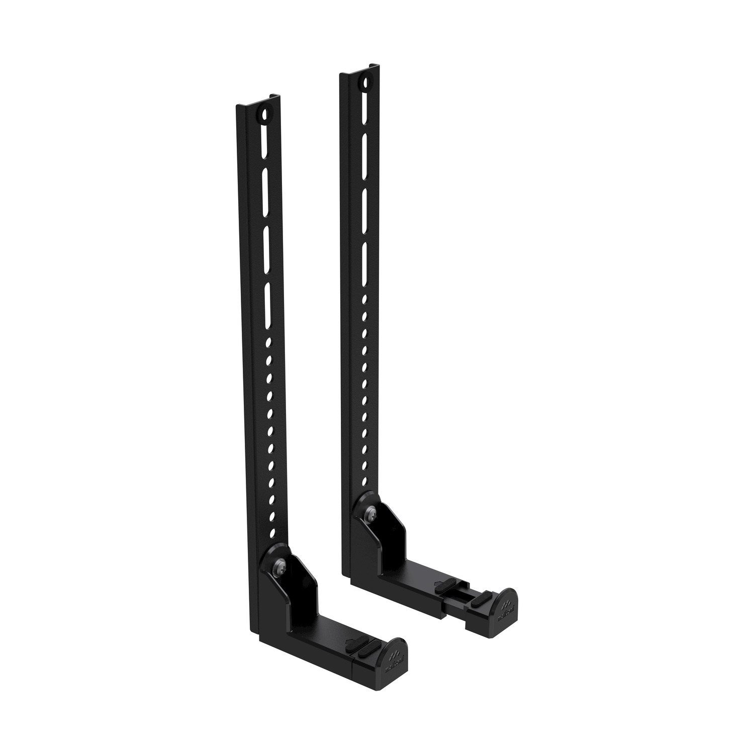 Dos soportes negros de metal para barra de sonido con brazos ajustables y agujeros de montaje.