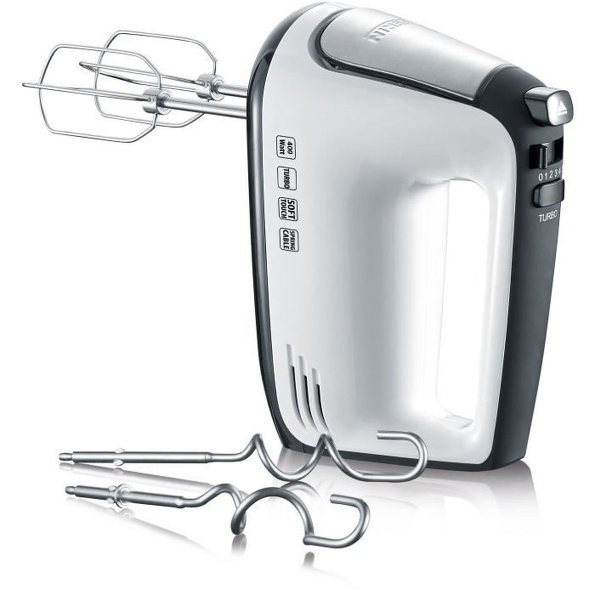 A white and black hand mixer with two sets of beaters. One set is attached, the other is on the surface. 