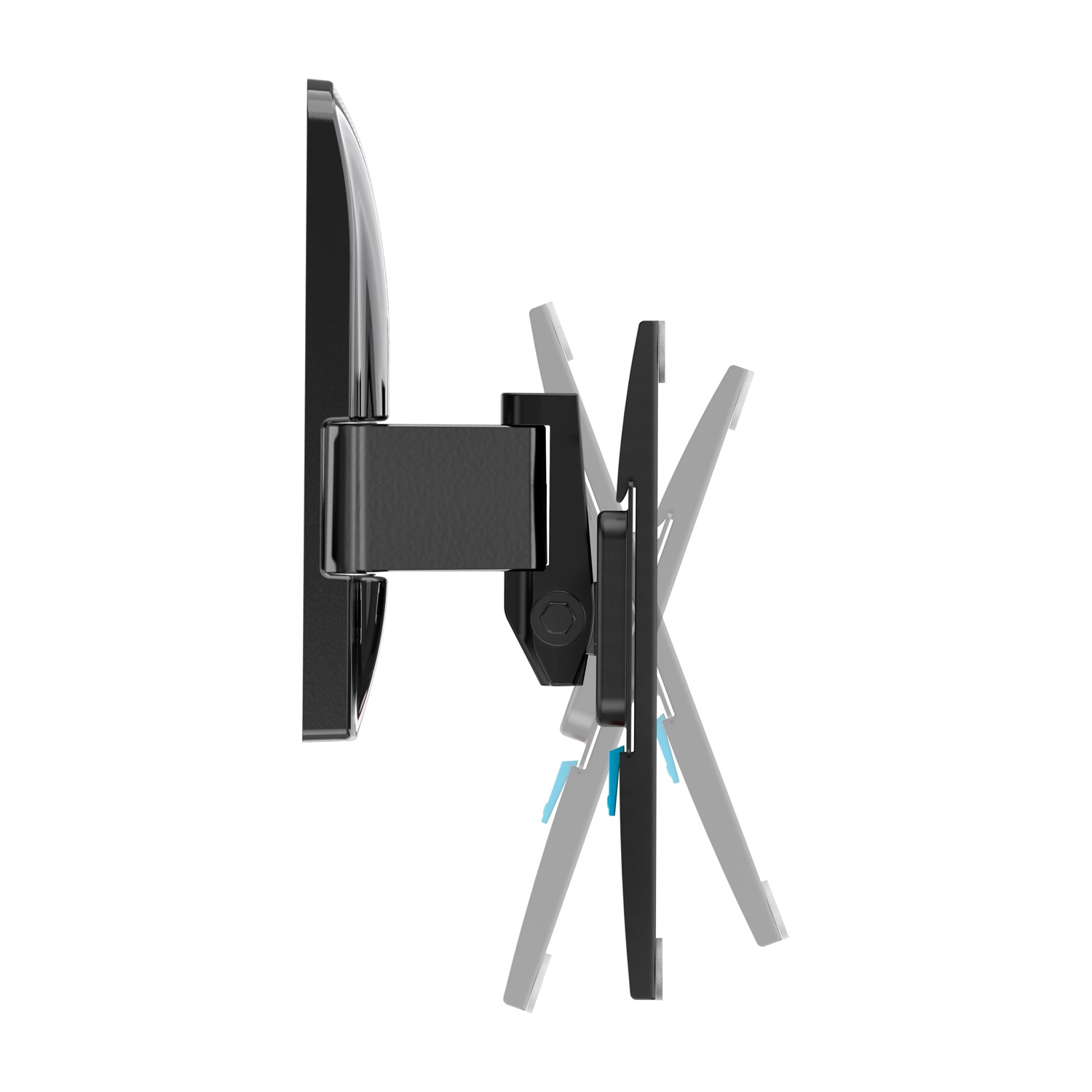 Un soporte de TV negro con brazos ajustables se muestra sobre un fondo blanco. El soporte está diseñado para sostener un televisor.
