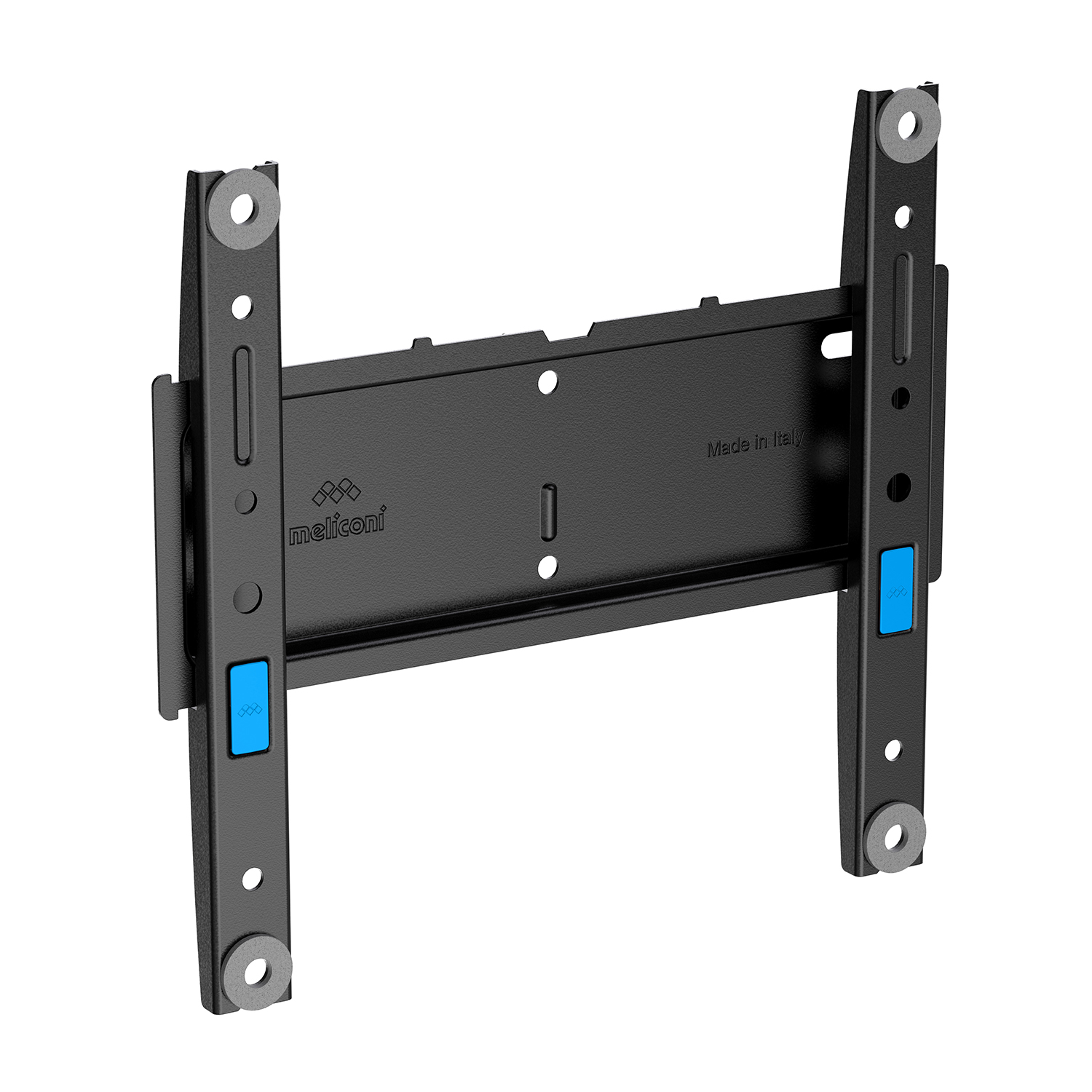 Un soporte de pared para TV de metal negro con botones azules y arandelas grises. Tiene el logo 'meliconi' y el texto 'Made in Italy'.