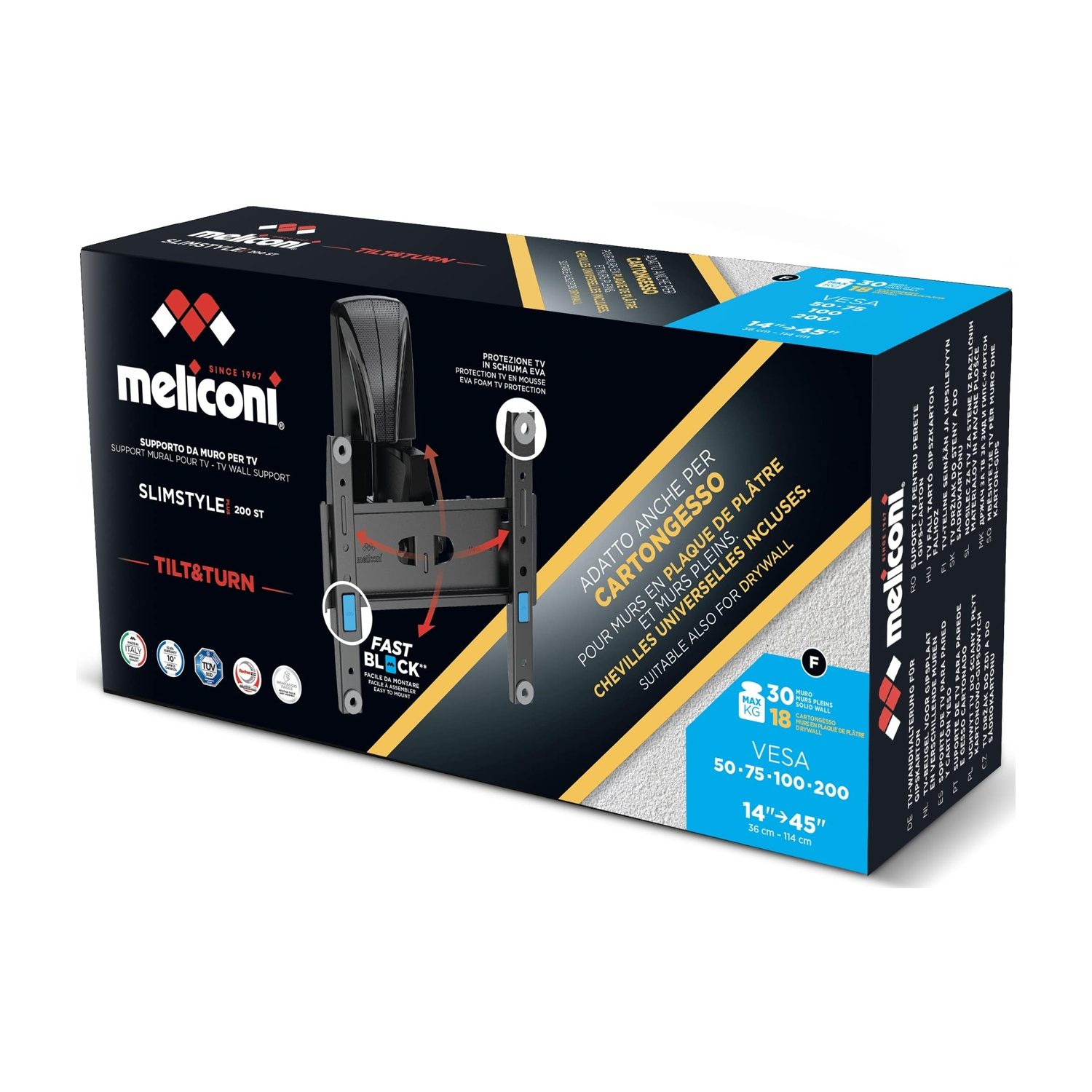 Caja para soporte de pared para TV. Colores negro y azul. Texto en varios idiomas. Muestra el producto y sus características.