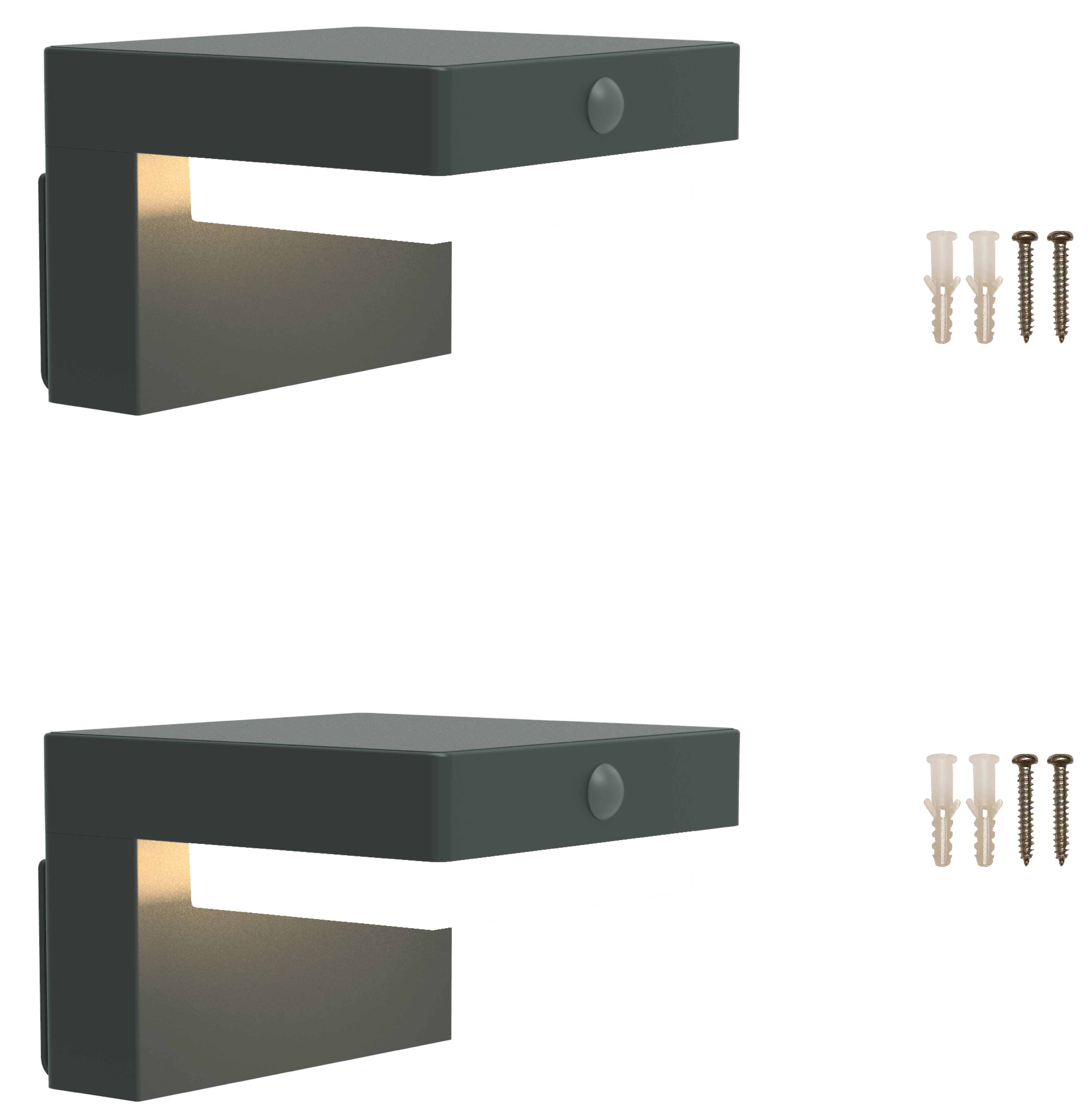 Zwei graue Wandleuchten mit weißen Lichtplatten und Schrauben und Dübeln auf schwarzem Hintergrund.