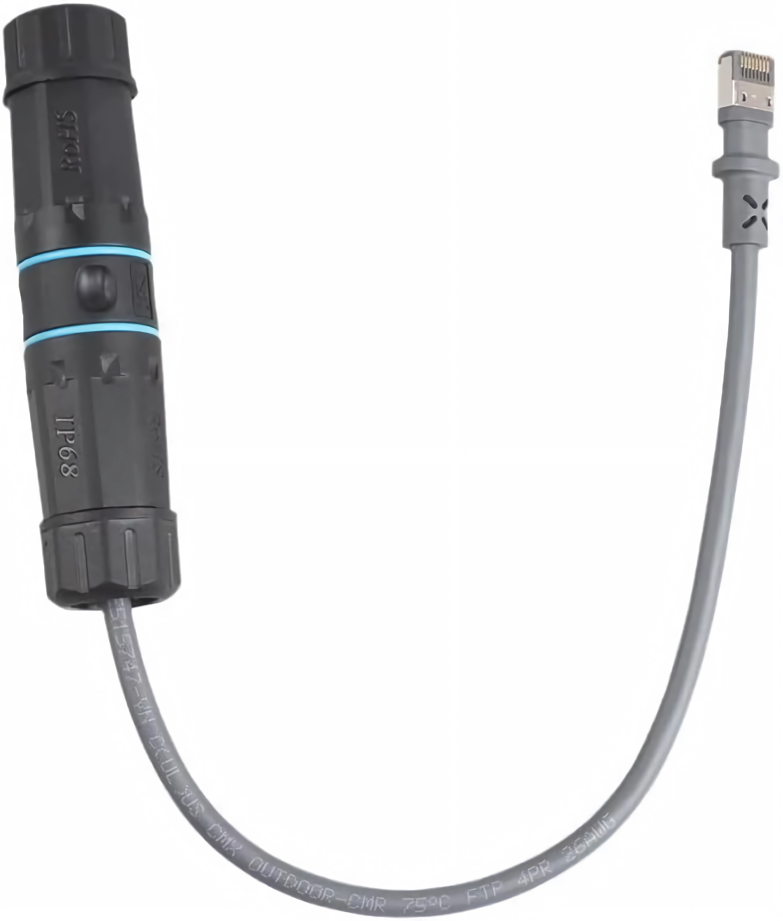 Ein graues Ethernet-Kabel mit einem schwarzen, zylindrischen Stecker. Das Kabel hat Text und Markierungen.
