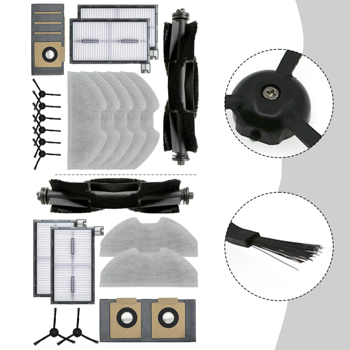 Części zamienne do odkurzacza robota: filtry, szczotki, mopy i worki na kurz.