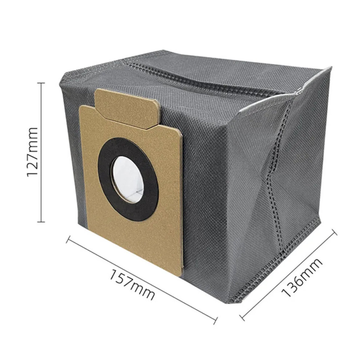 Szary worek do odkurzacza z kartonowym złączem, wymiary 157x136x127mm.