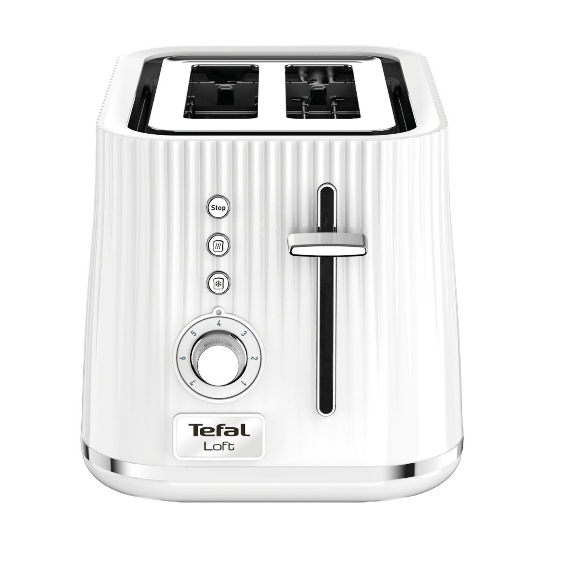 Un tostapane bianco Tefal Loft con due fessure, pulsanti di controllo e leva argentata.