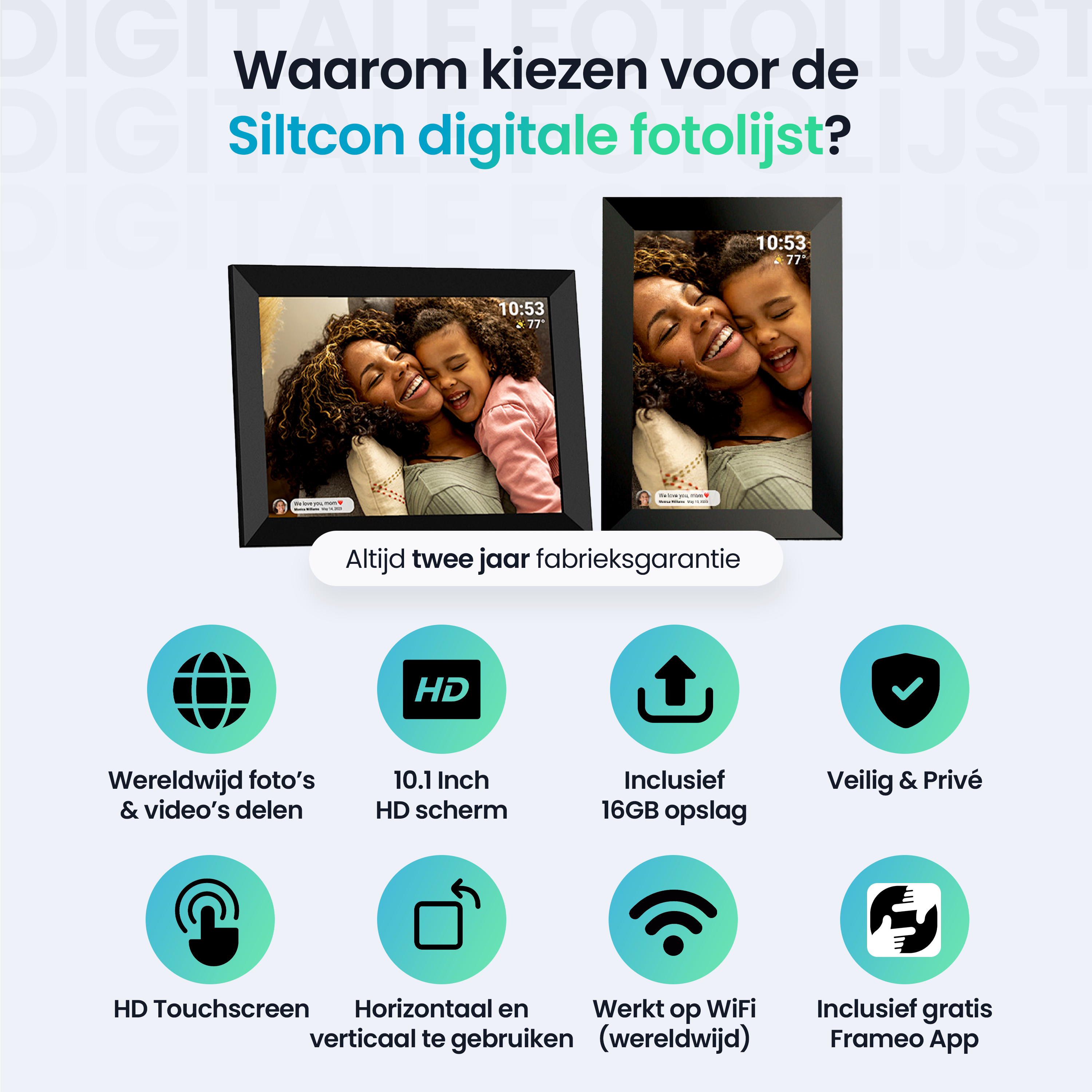 Digitale fotolijst met blije moeder en kind, functies: wereldwijd delen, HD scherm, 16GB opslag, veiligheid.