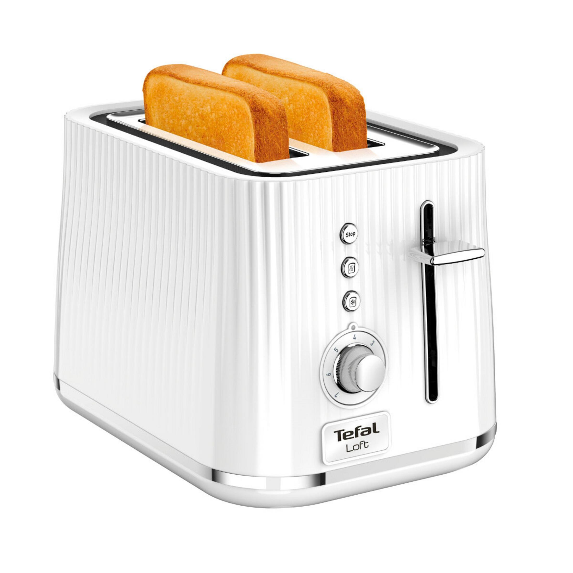 Un tostapane bianco Tefal Loft con due fette di pane tostato dorate che sporgono.