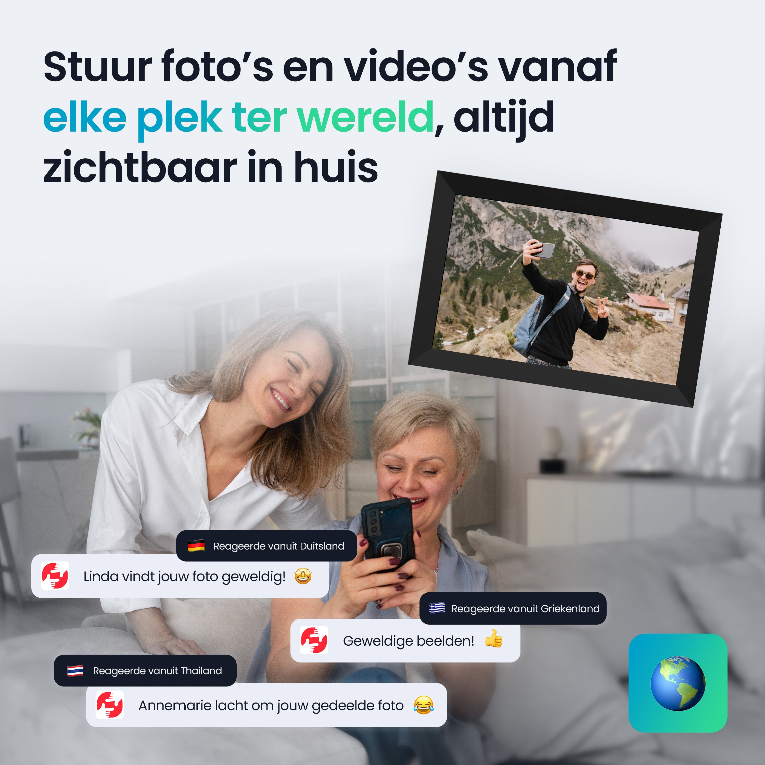 Twee vrouwen kijken op een telefoon. Een ingelijste foto toont een man.