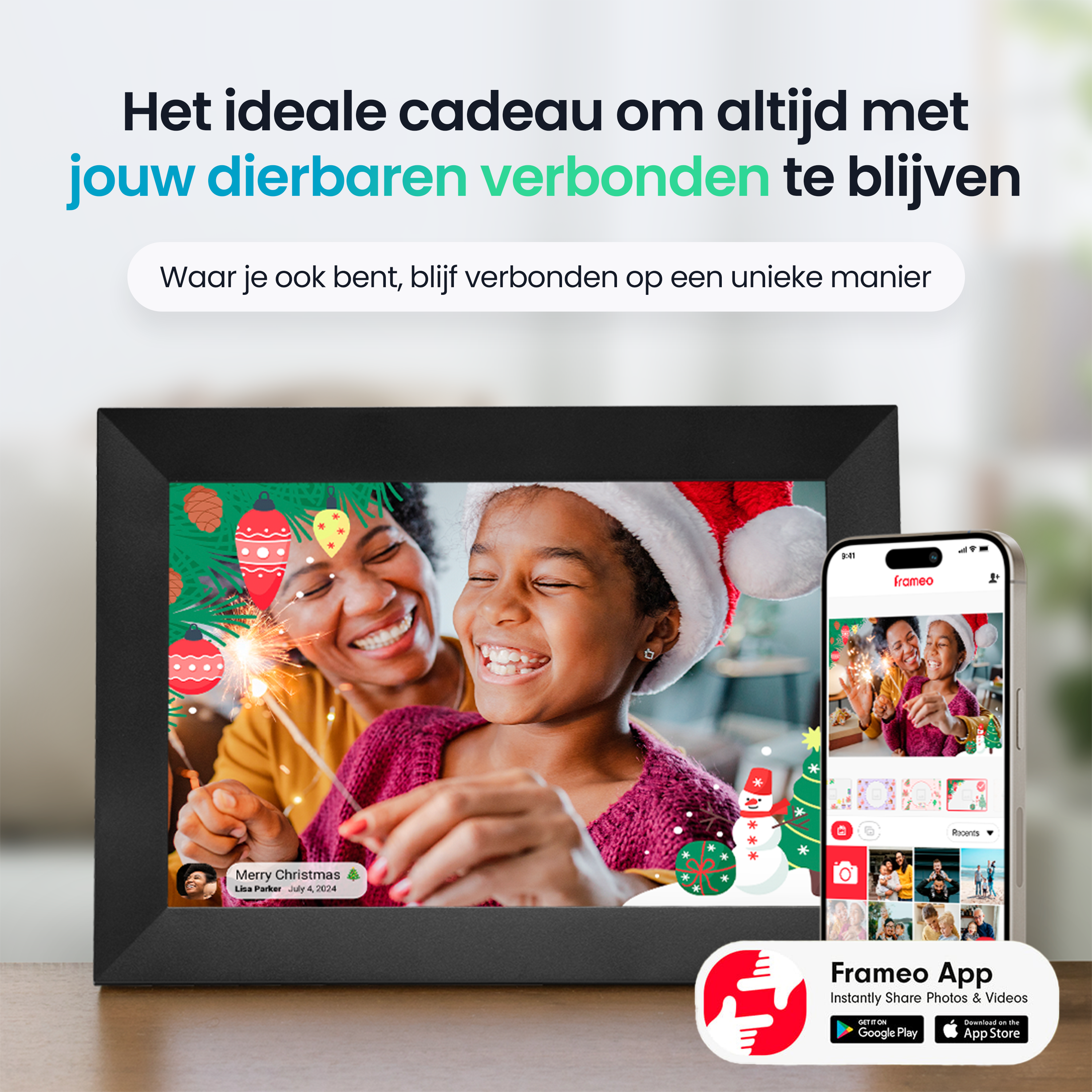 Een digitale fotolijst toont een vrouw en kind met sterretjes. Een app staat ernaast.