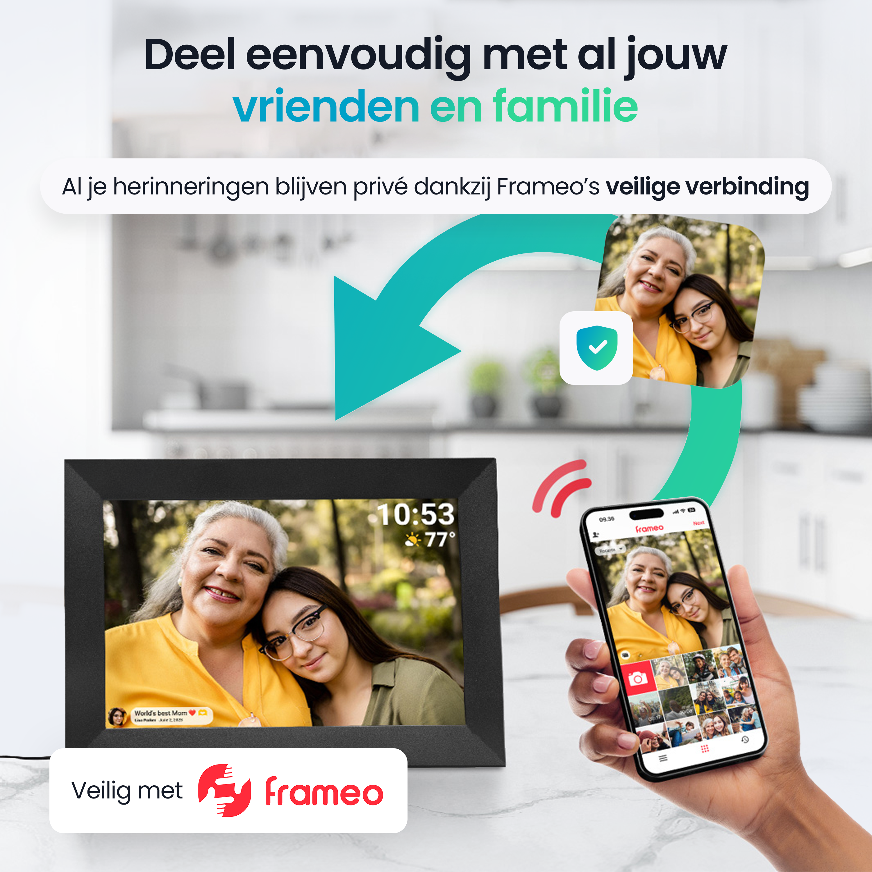 Een digitale fotolijst toont een vrouw en een jong meisje. Een hand houdt een smartphone met de Frameo app.