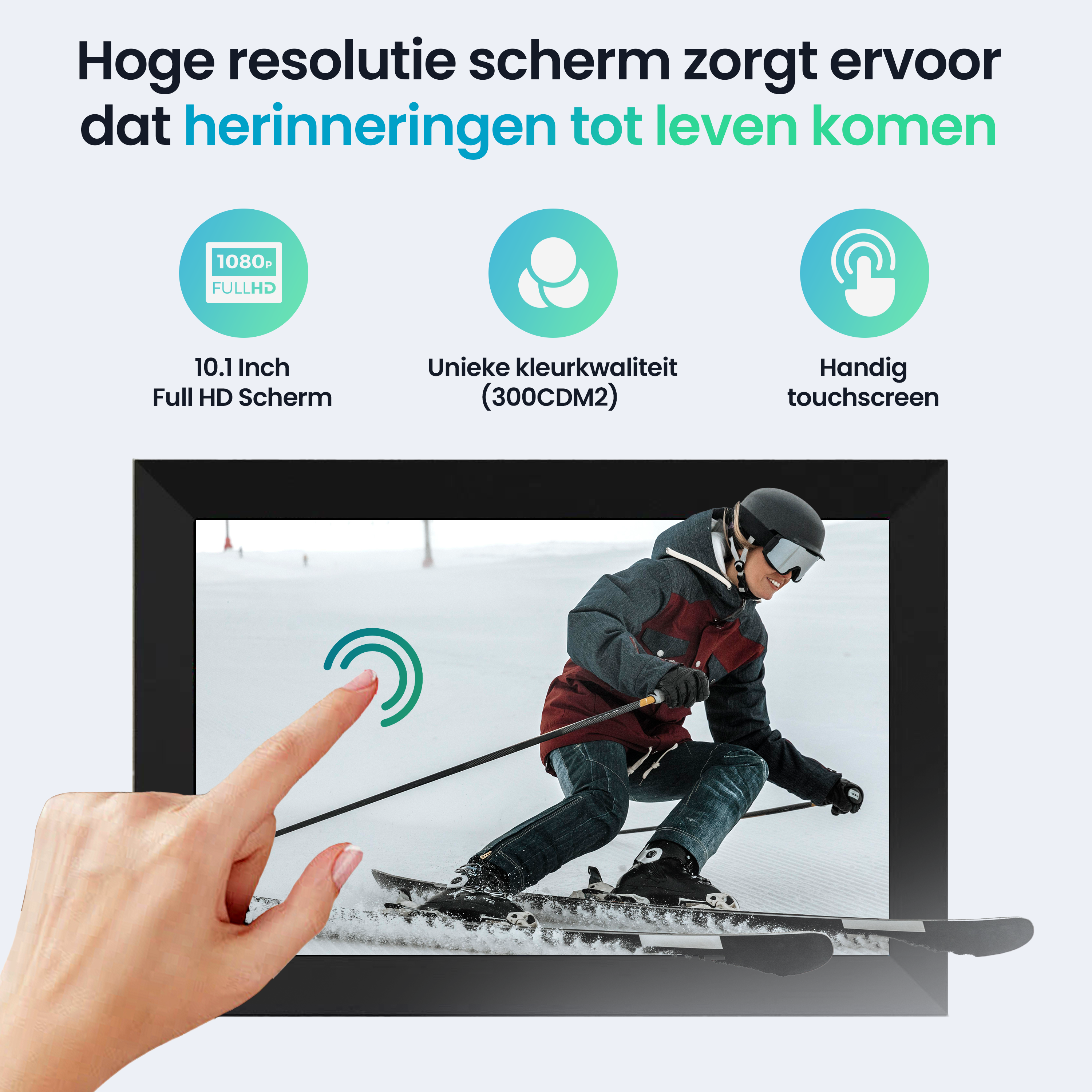 Een hand raakt een scherm aan met een skiër. Tekst benadrukt schermfuncties.