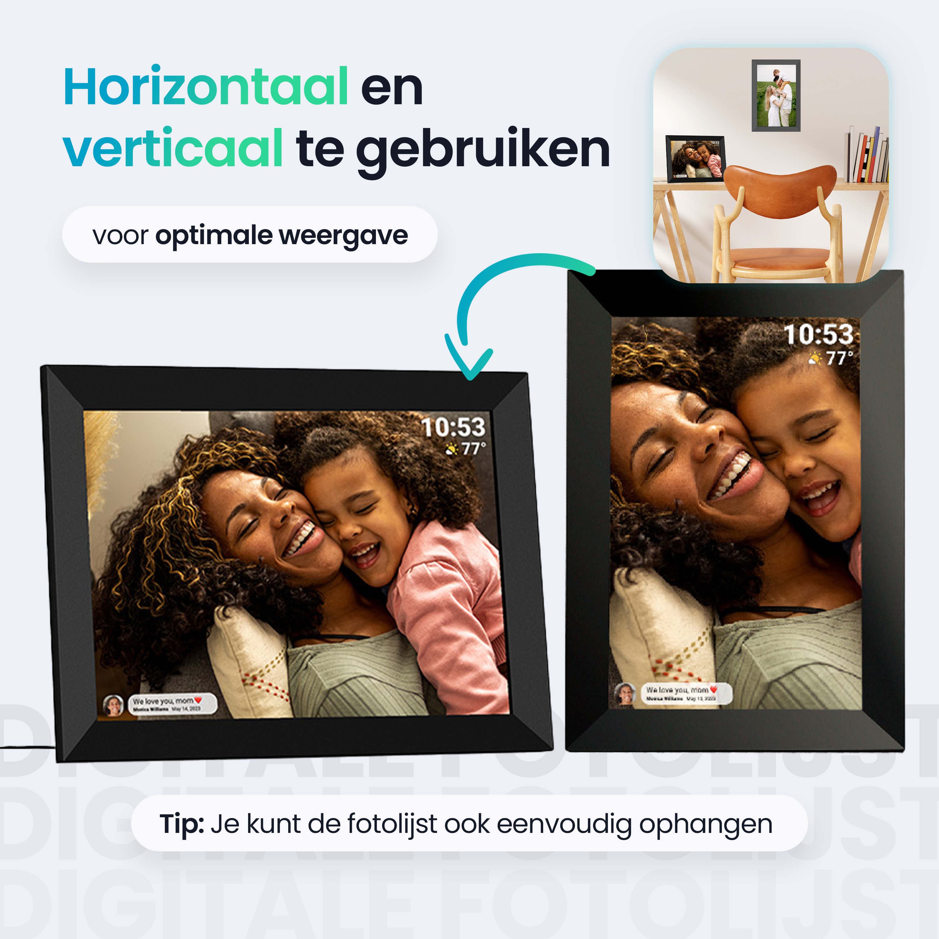 Twee digitale fotolijsten tonen vrouw met kind. Een horizontaal, een verticaal.