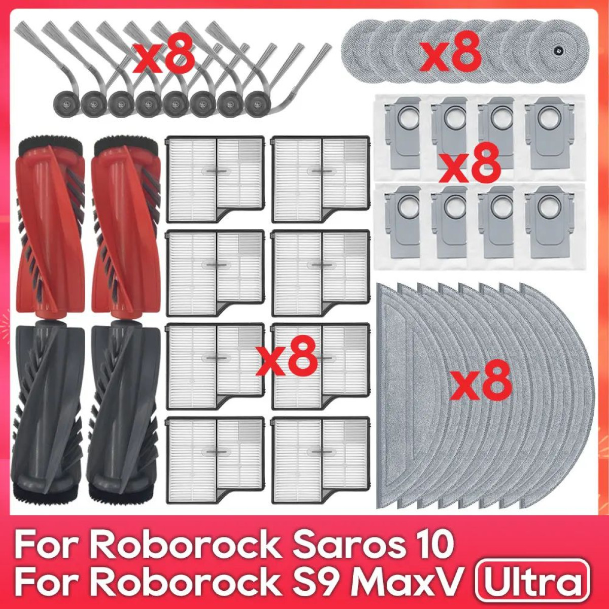 Vervangingsonderdelen Roborock S9 MaxV Ultra: borstels, filters, dweilen en stofbakfilters.