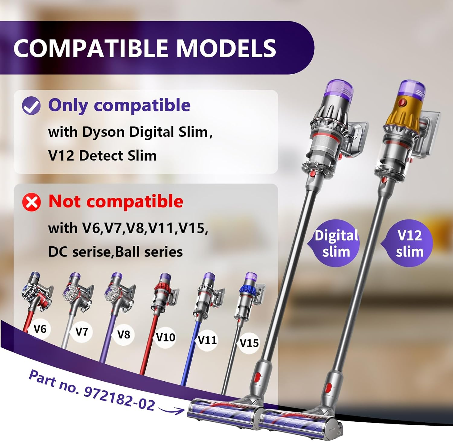 Lista zgodności odkurzaczy Dyson: Digital Slim, V12 Detect Slim kompatybilne. V6-V15 nie.