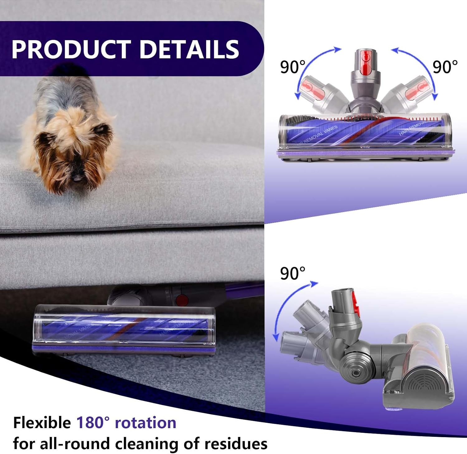 Szczegóły produktu: pies na kanapie, głowica odkurzacza pokazuje rotację 180°.