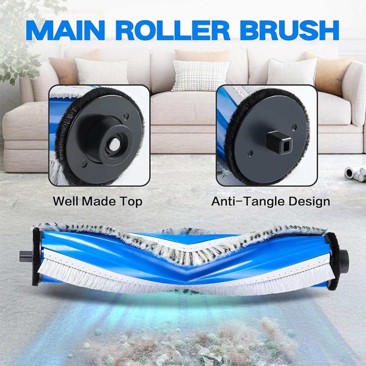 Główna szczotka rolkowa ze szczegółami u góry: dobrze wykonana i zapobiegająca plątaniu.