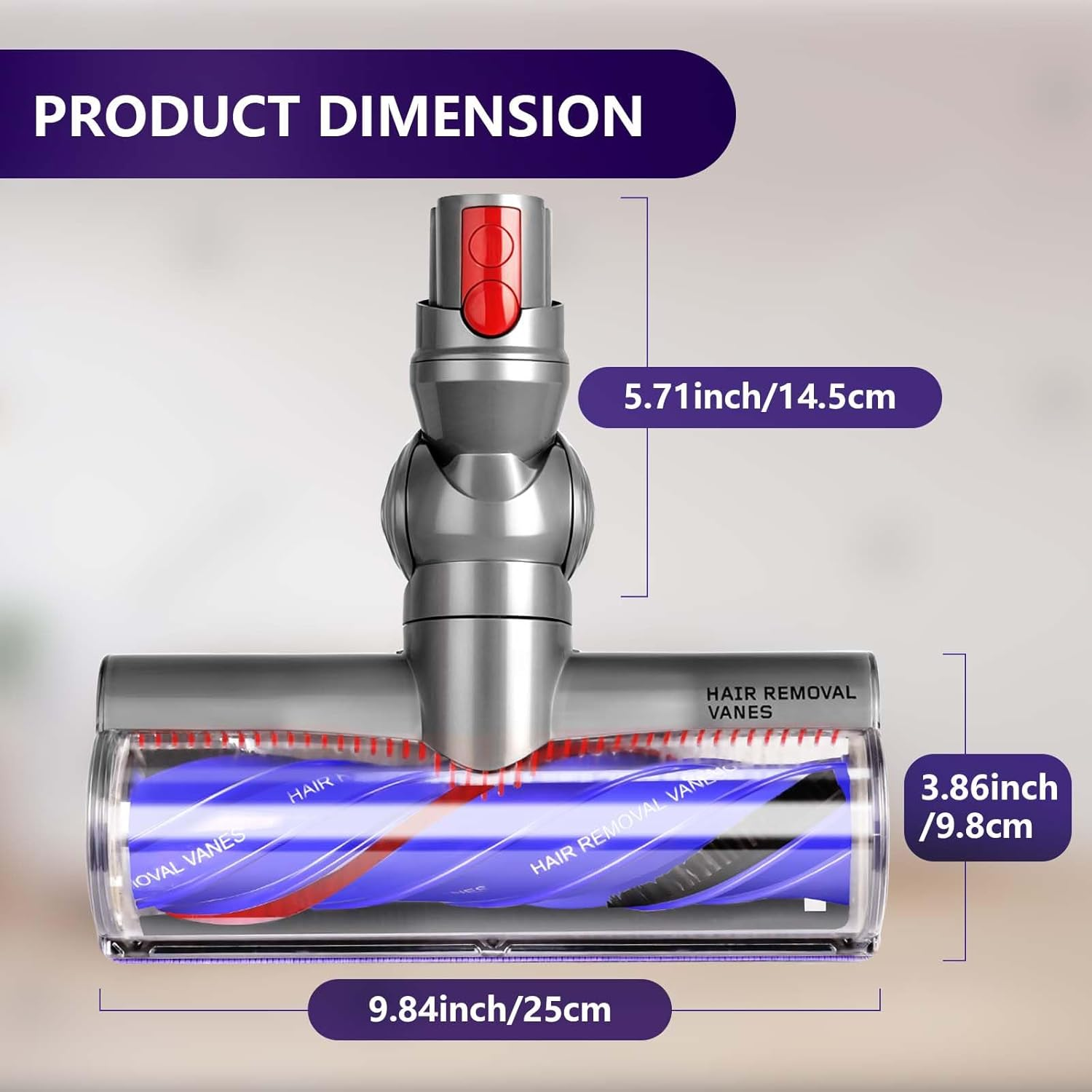 Głowica odkurzacza o wymiarach: wysokość 5,71 cala, szerokość 9,84 cala, głębokość 3,86 cala.