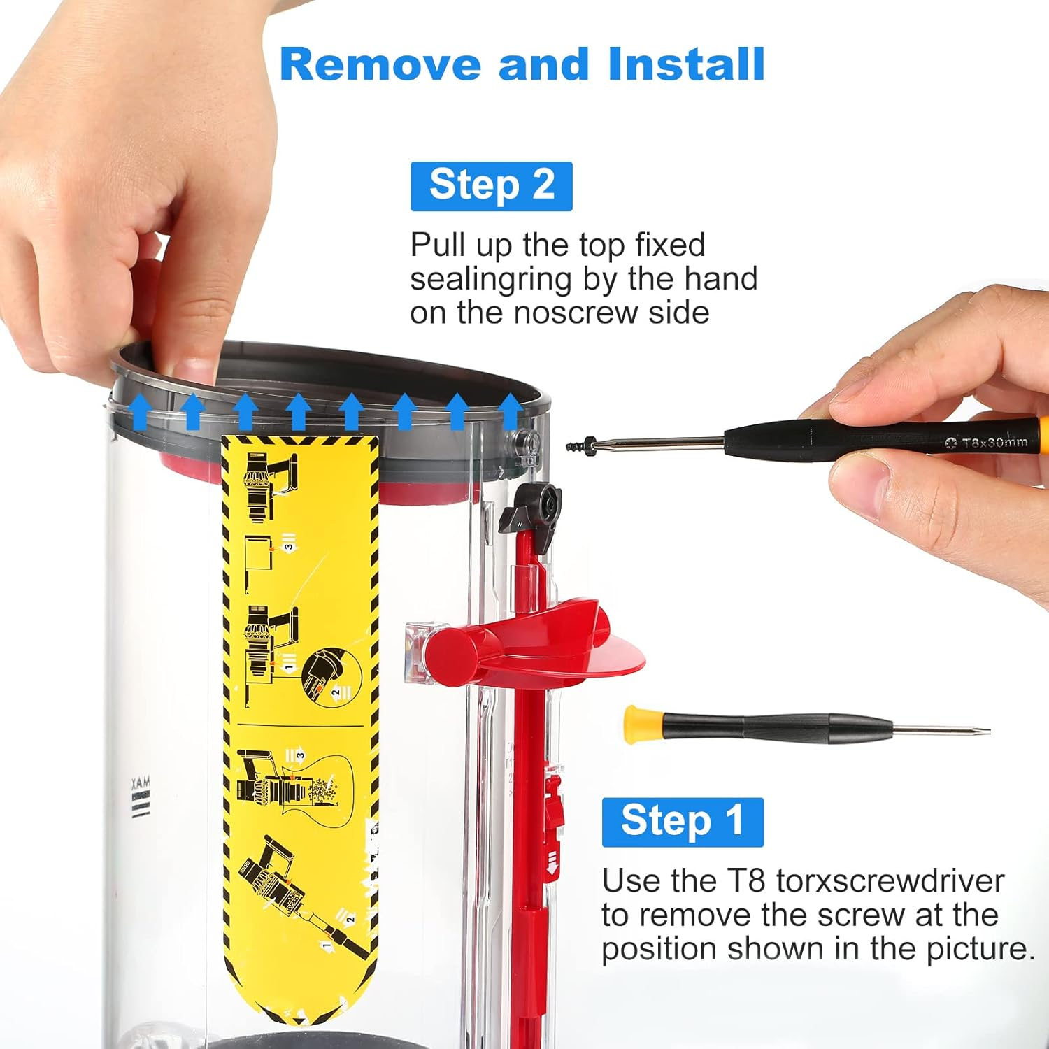 Instructies voor het verwijderen/installeren van stofzuigeronderdelen met gereedschap.