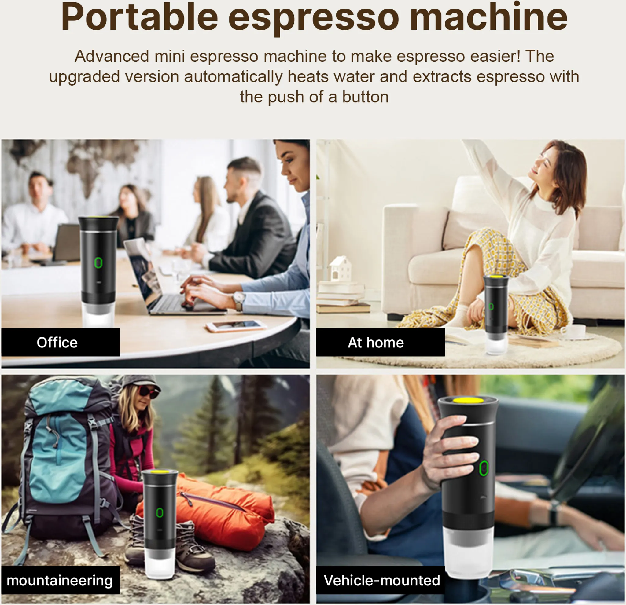 Collage der tragbaren Espressomaschine: Büro, Zuhause, Bergsteigen, Auto.