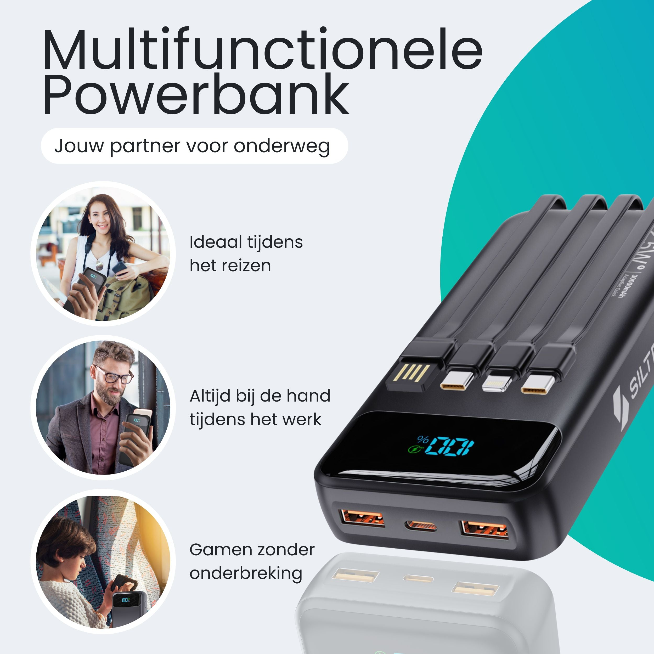 Een multifunctioneel powerbank apparaat met laadpoorten en digitaal display.