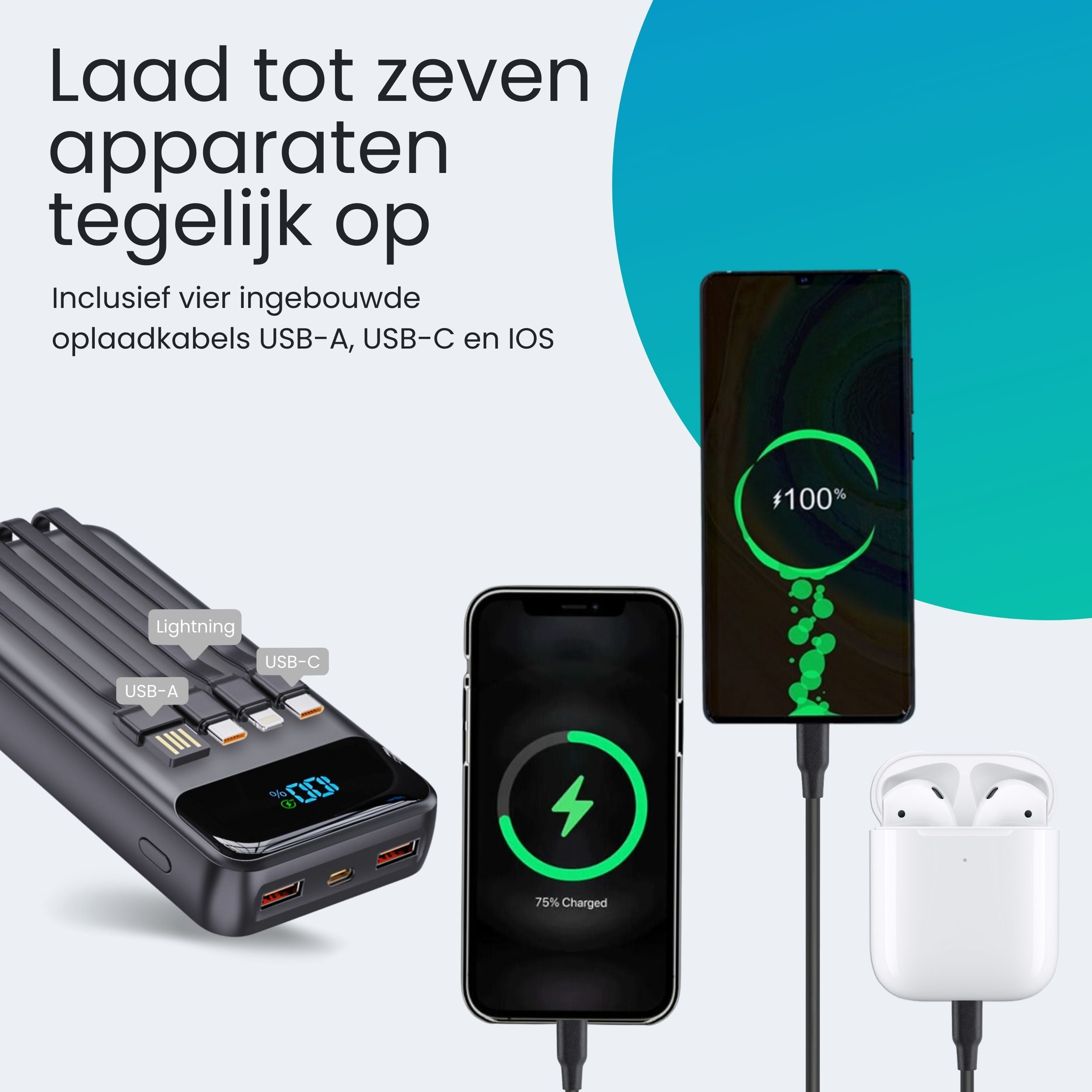 Een powerbank met ingebouwde USB-A, USB-C en Lightning kabels laadt apparaten op.