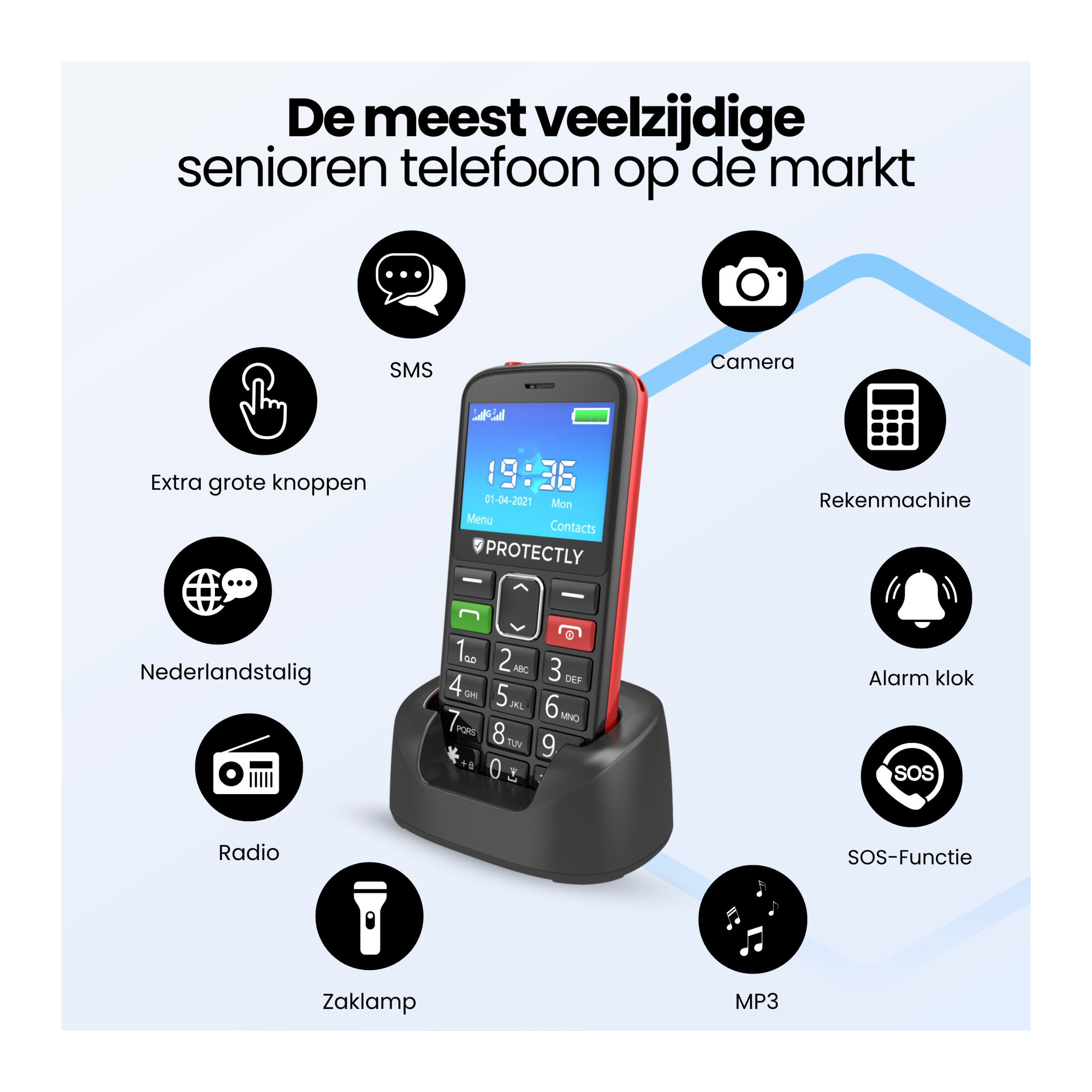 Een rode seniorentelefoon met grote knoppen, op een standaard.