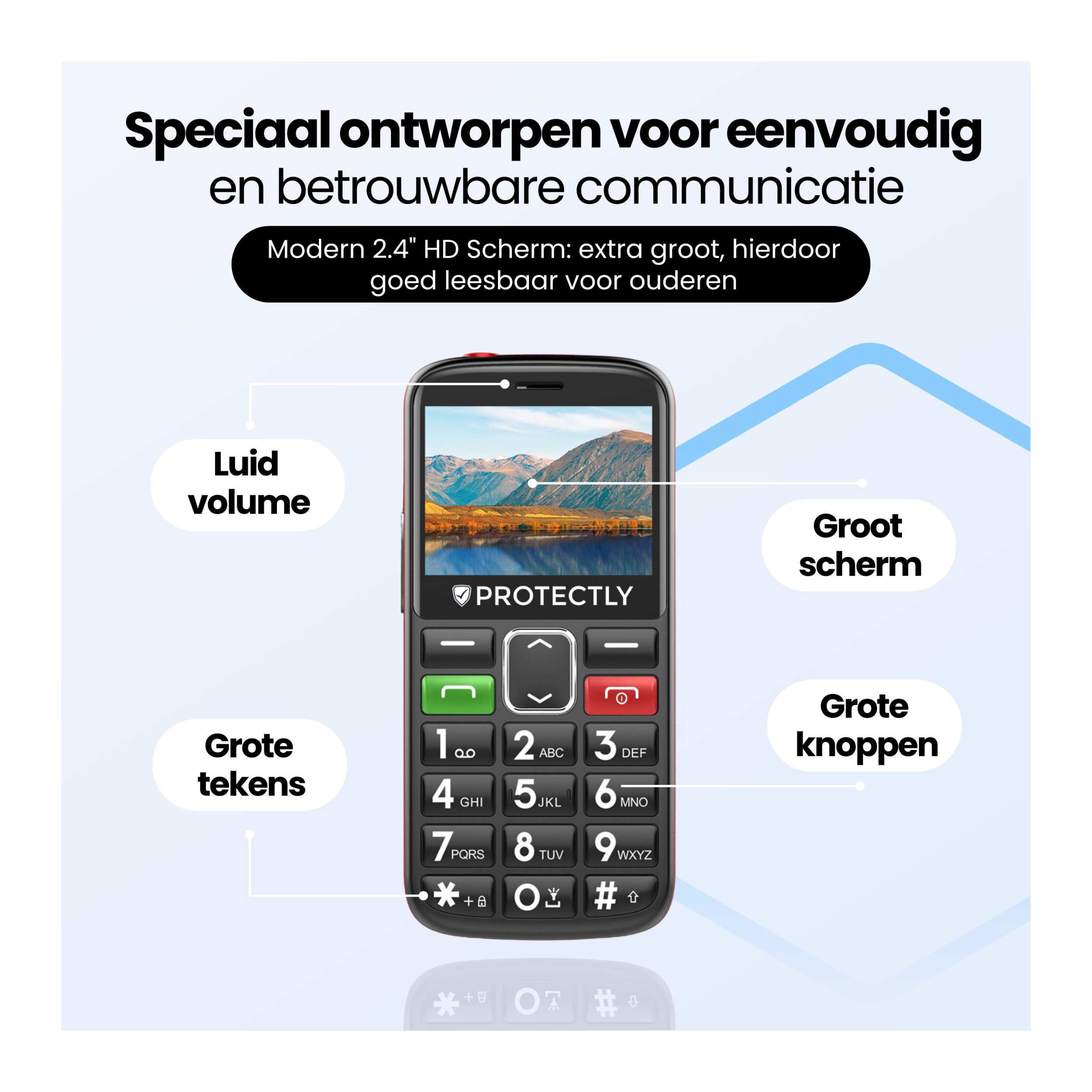 Een mobiele telefoon met grote knoppen, een groot scherm en goede leesbaarheid voor ouderen.