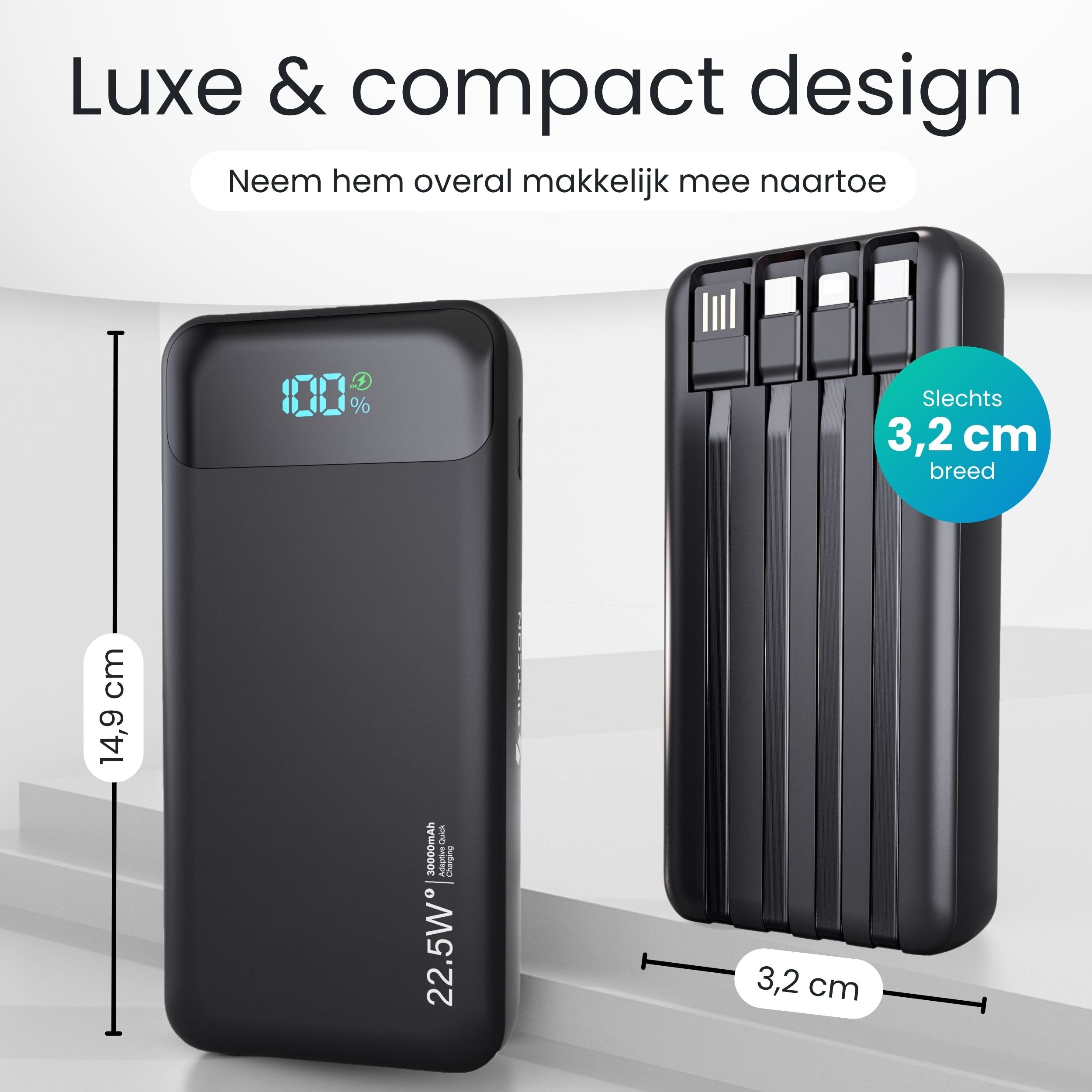 Zwarte powerbank met 100% lading en 3 geïntegreerde kabels. Afmetingen: 14,9 x 3,2 cm.