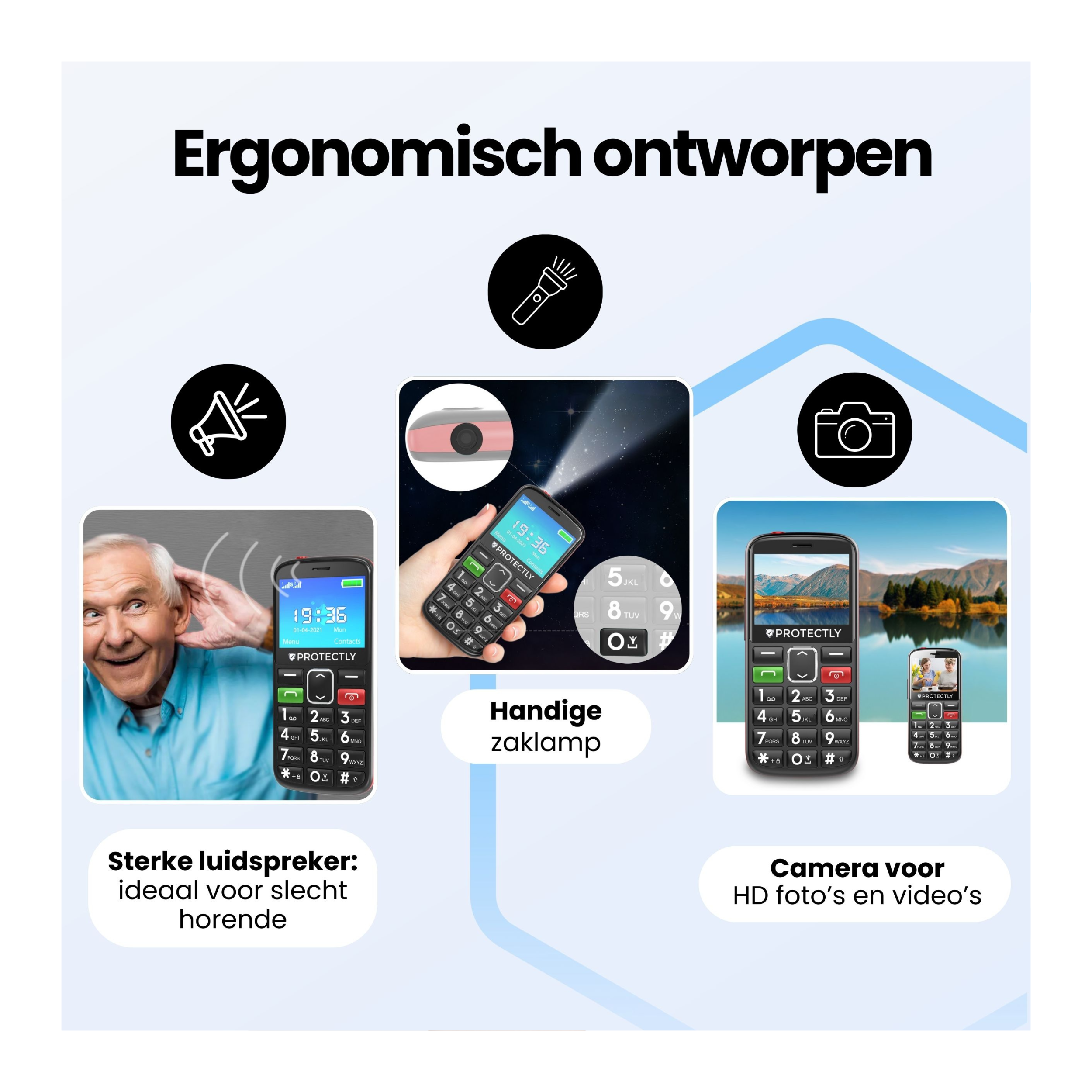 Man met telefoon met luide speaker. Naast hem, telefoon met zaklamp en camera.