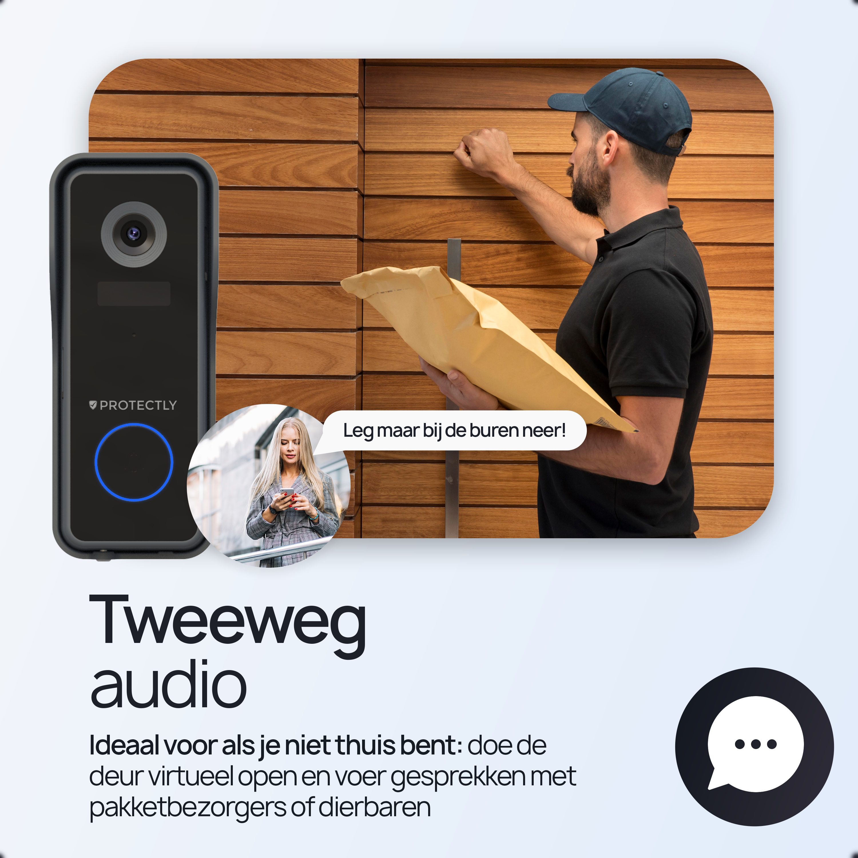 Deurbelcamera toont man met pakket, vrouw op telefoon, tekst over tweeweg audio.