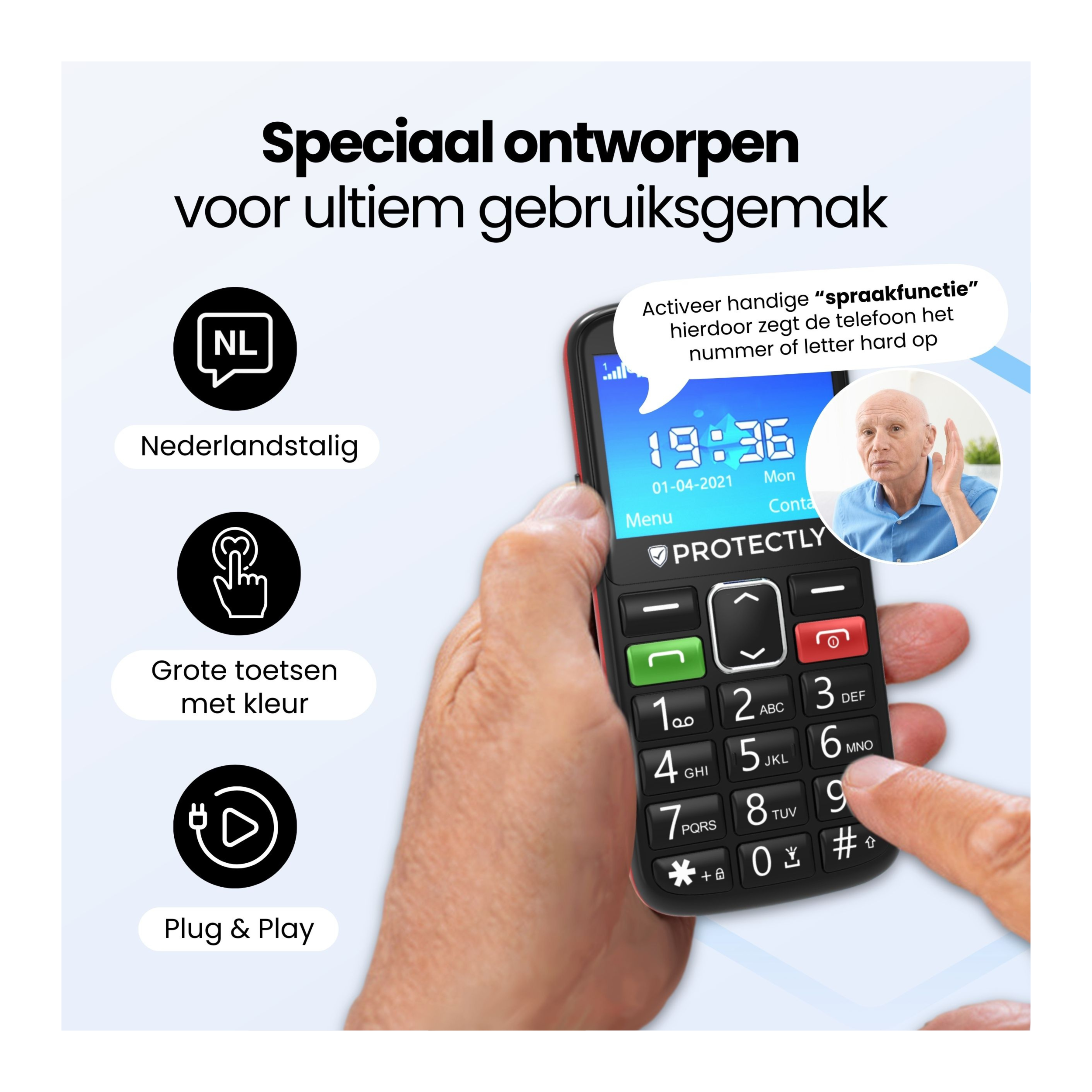 Een man houdt een mobiele telefoon met grote toetsen en spraakfunctie vast.