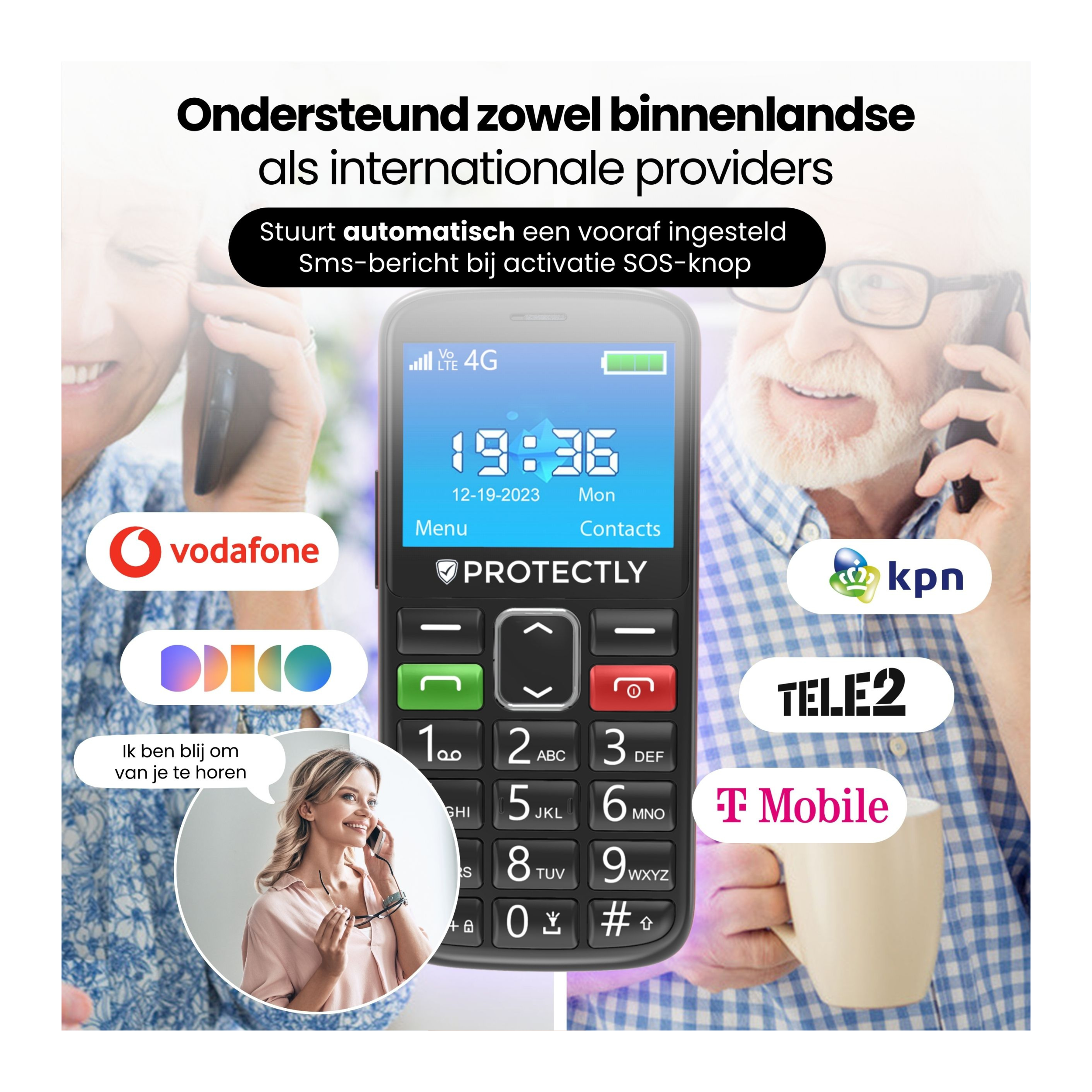 Een seniorentelefoon met providerlogo's zoals Vodafone, KPN, T-Mobile. Tijd 19:36.