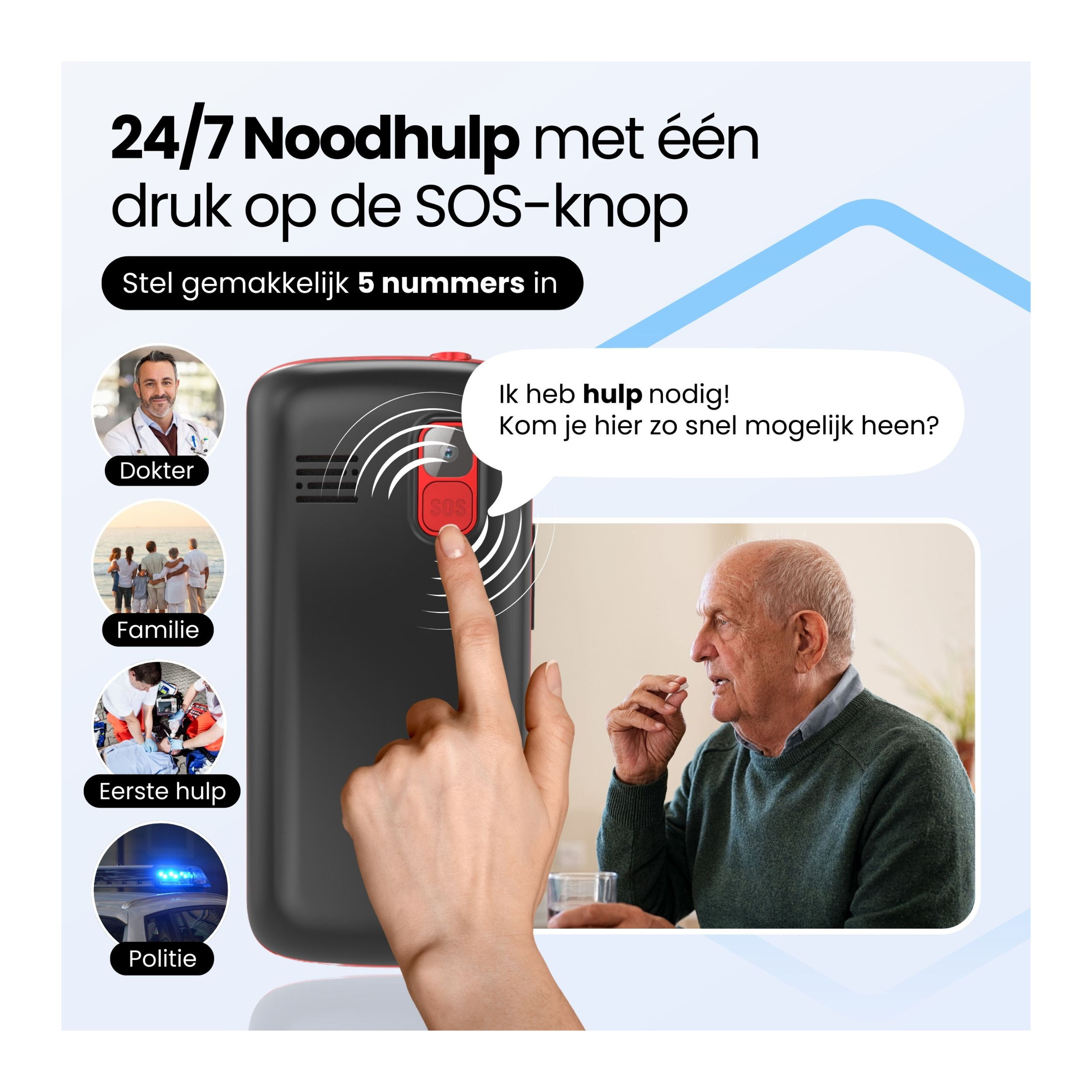 Een vinger drukt op een SOS-knop op een apparaat. Een oudere man zit in de buurt.