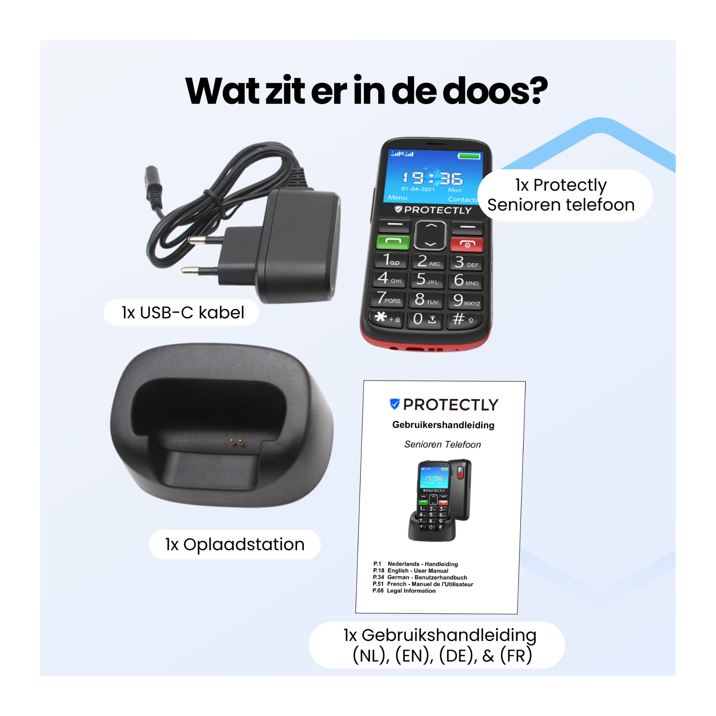Inhoud van de doos: seniorentelefoon, USB-C kabel, oplaadstation, handleiding.