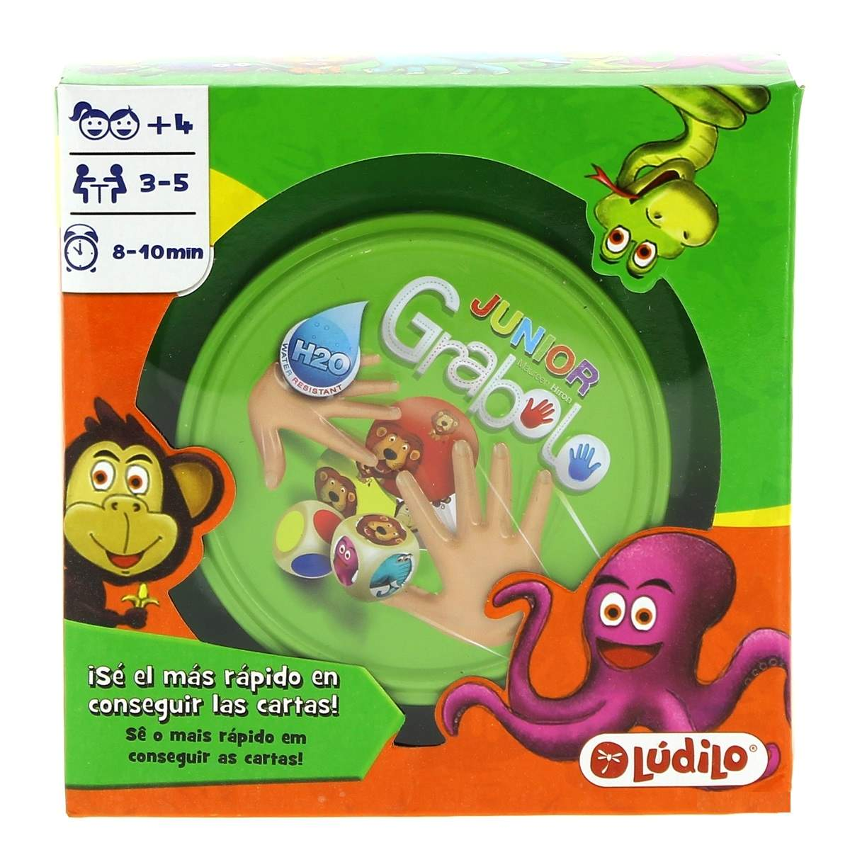 Scatola gioco con animali, mani e dadi. Per 3-5 giocatori, dai 4 anni in su.