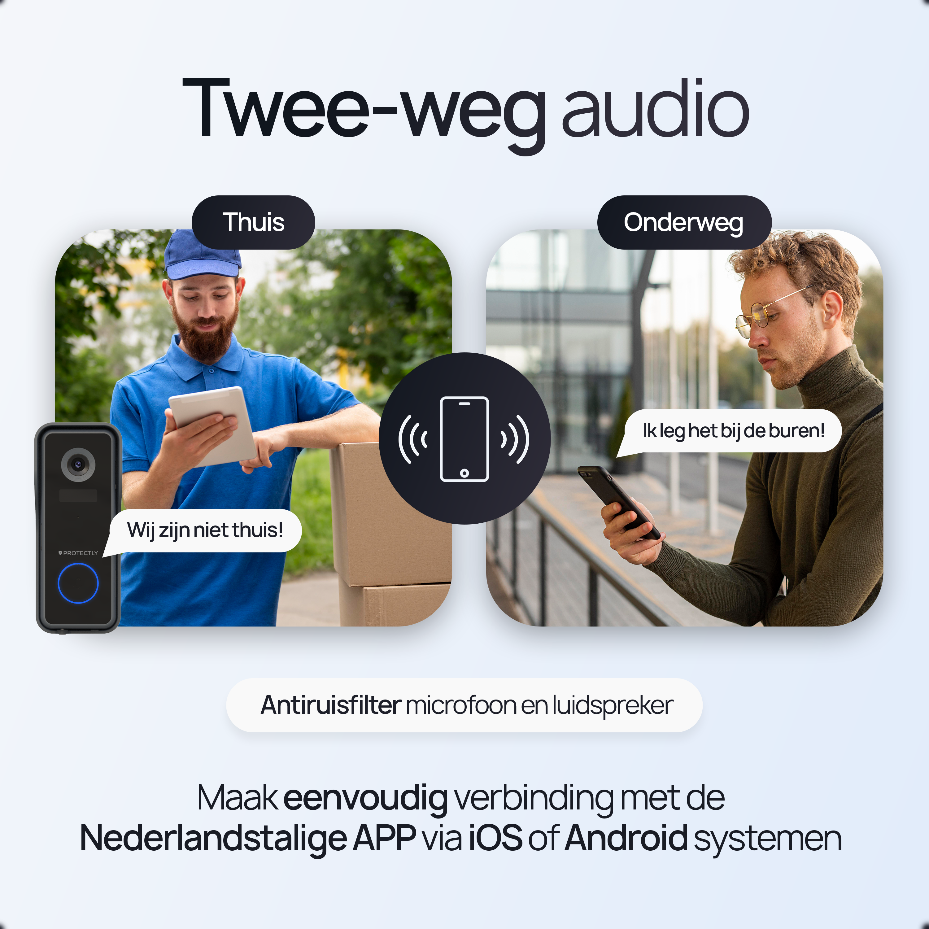 Twee-weg audio: Een man thuis met deurbel, en een man onderweg met telefoon.