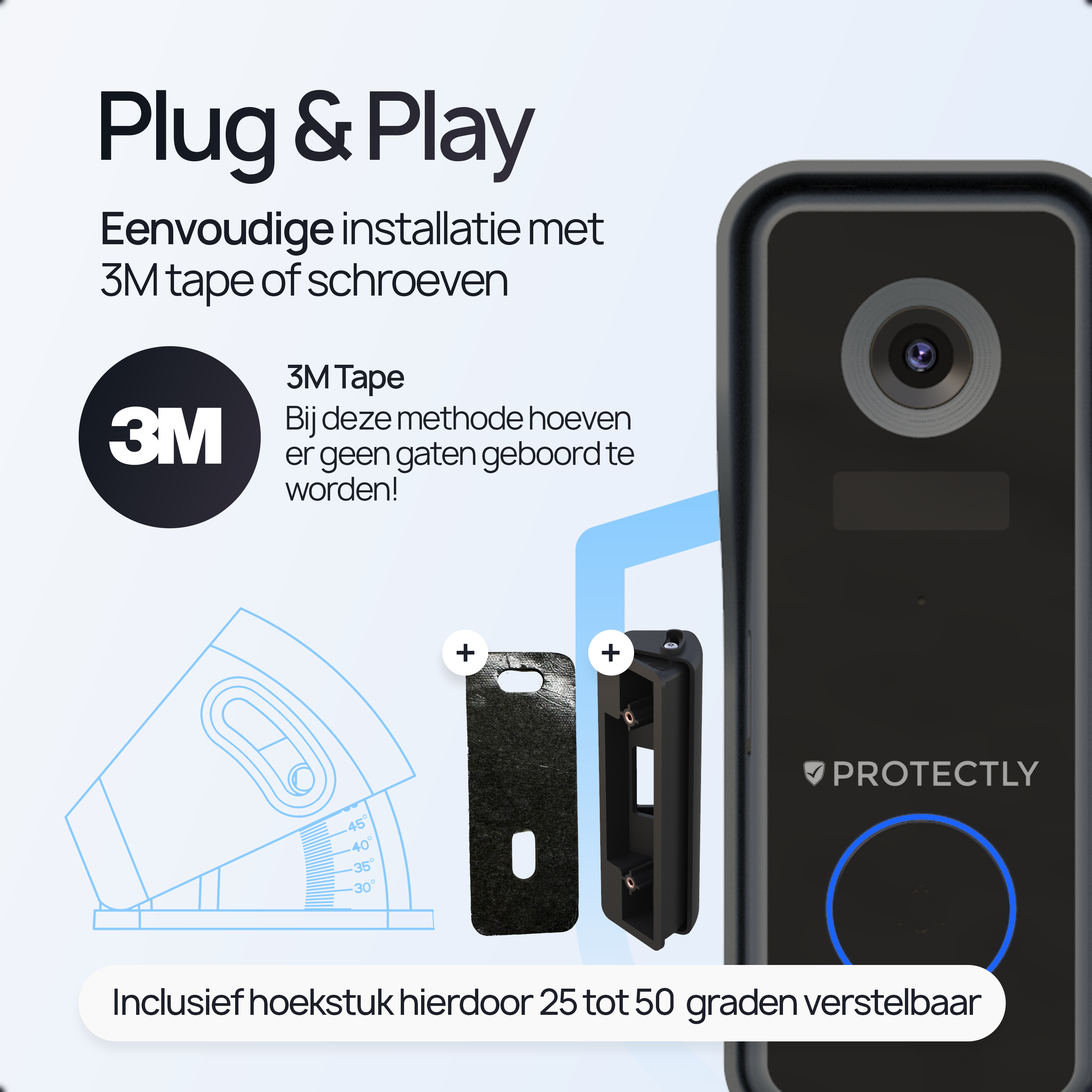 Zicht op eenvoudige installatie deurbel met 3M tape of schroeven, inclusief hoekstuk.