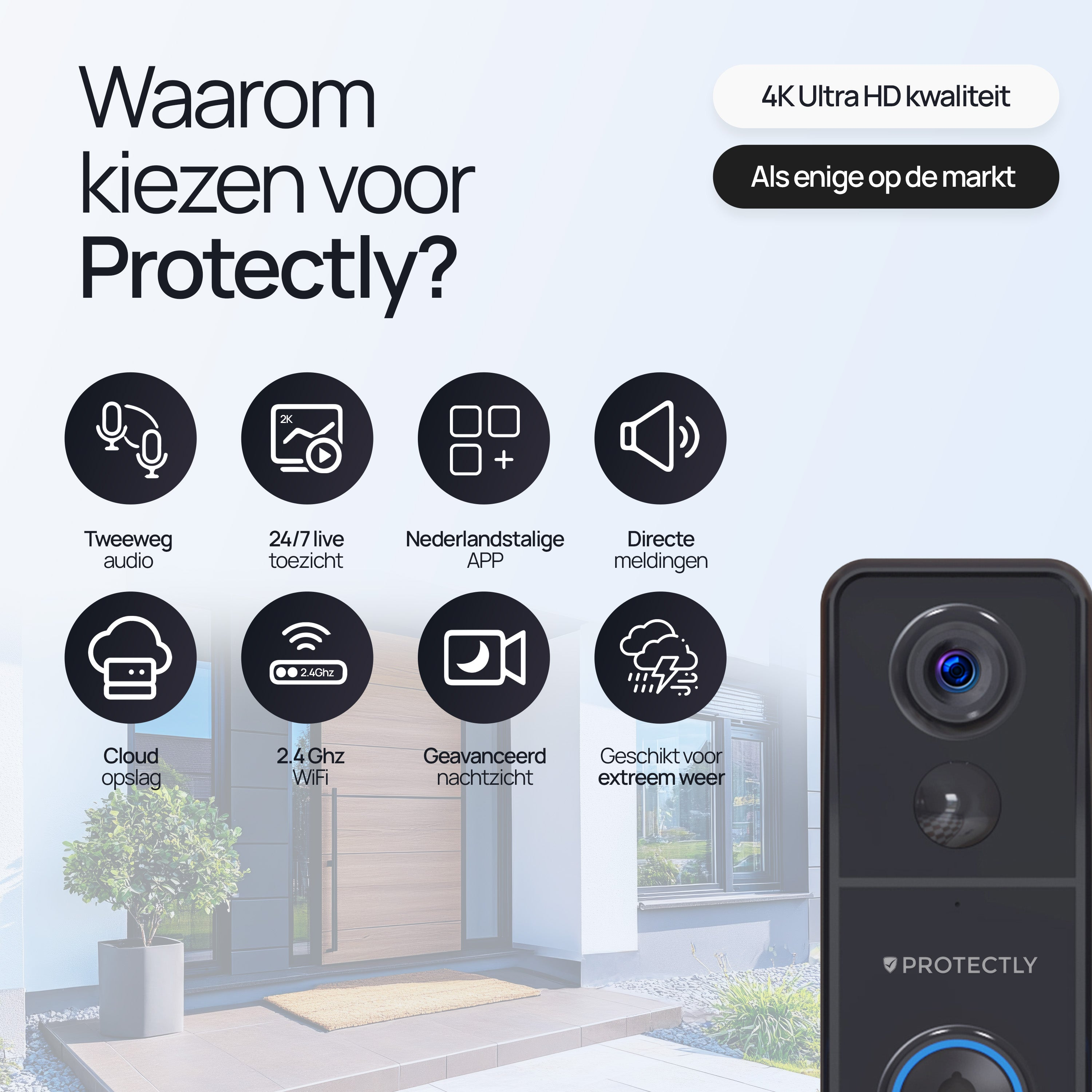 Slimme Deurbel, Draadloze Videodeurbelcamera, 1080P HD, 2.4G WiFi, 2-weg Audio, Groothoeklens, Cloudweergave, Bewaking Binnen en Buiten