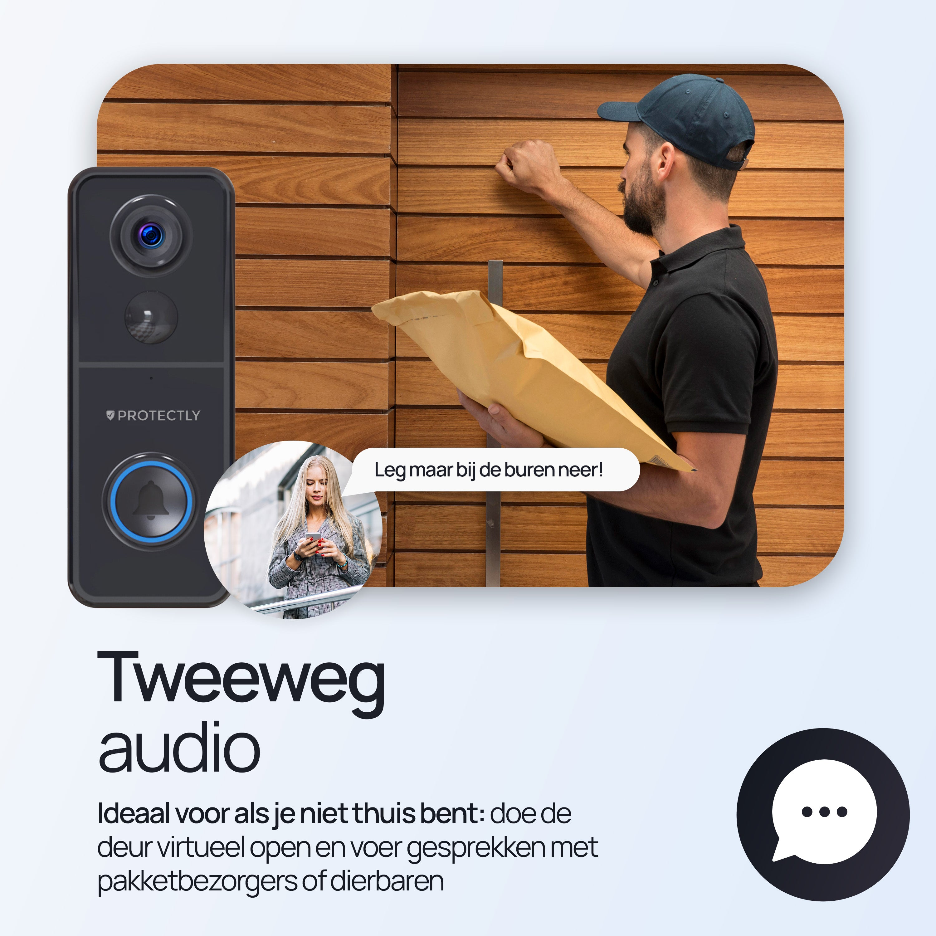 Man met pet levert pakket. Vrouw kijkt op telefoon. Tweeweg audio deurbel.