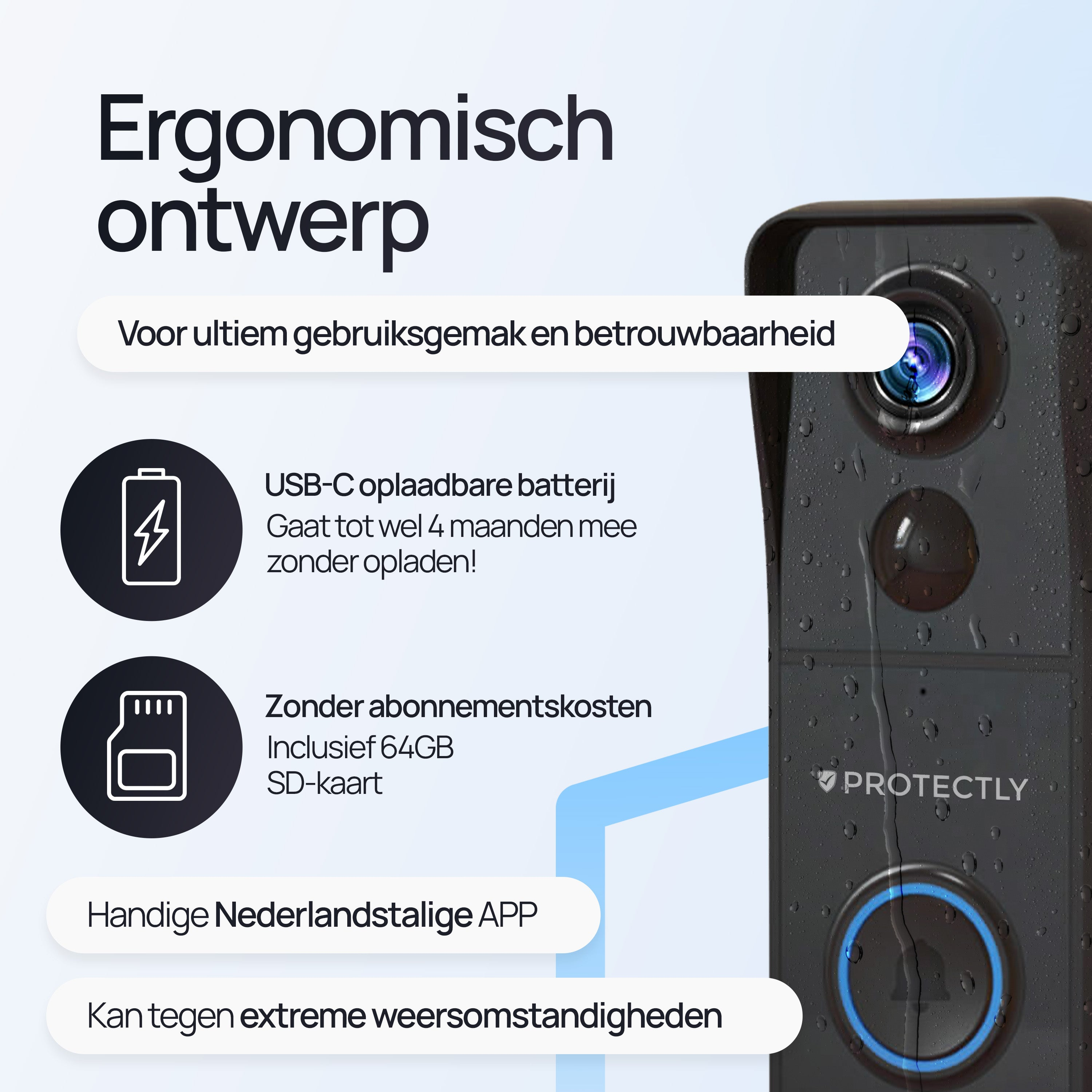 Slimme deurbel met USB-C batterij, 64GB SD-kaart, Nederlandse app, weerbestendig.